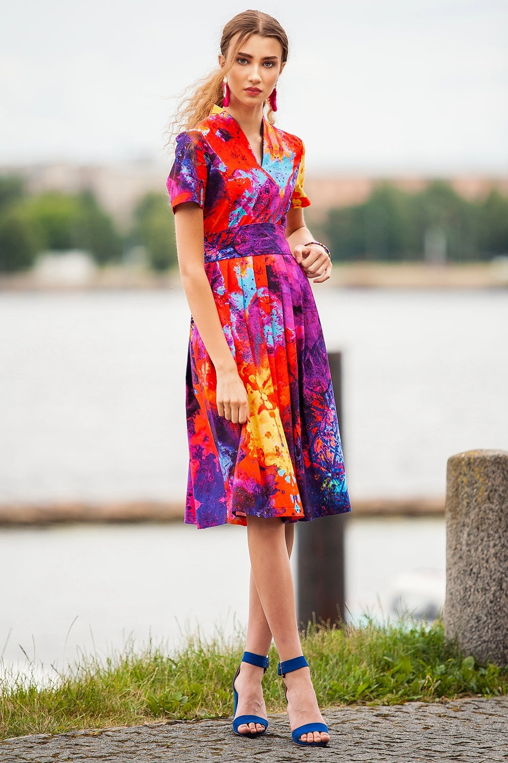 Red purple midi dress with flower print GUNTINA Red purple midi dress with flower print GUNTINA