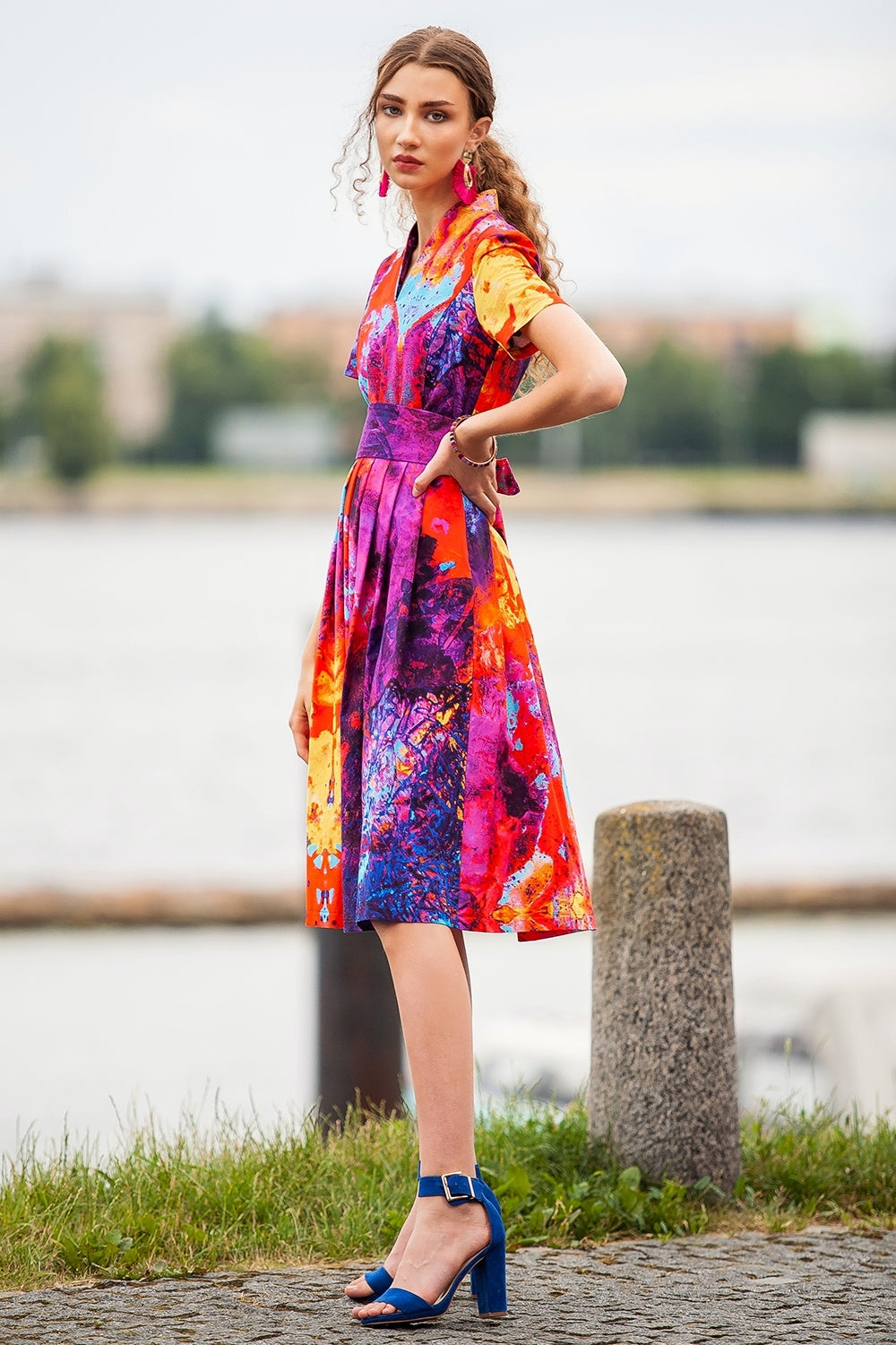 Red purple midi dress with flower print