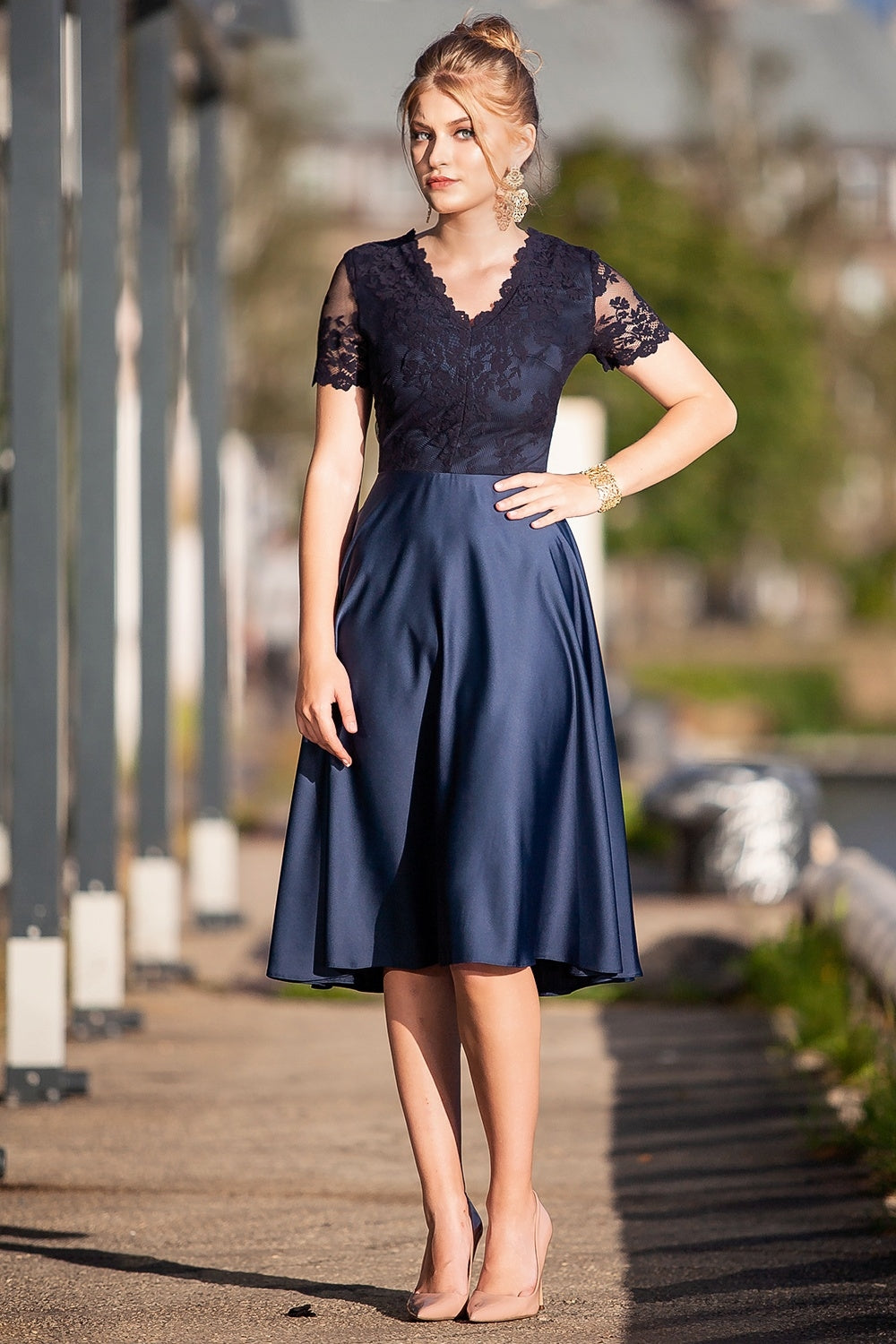 Dark blue lace dress with circle skirts GUNTINA Dark blue lace dress with circle skirts GUNTINA