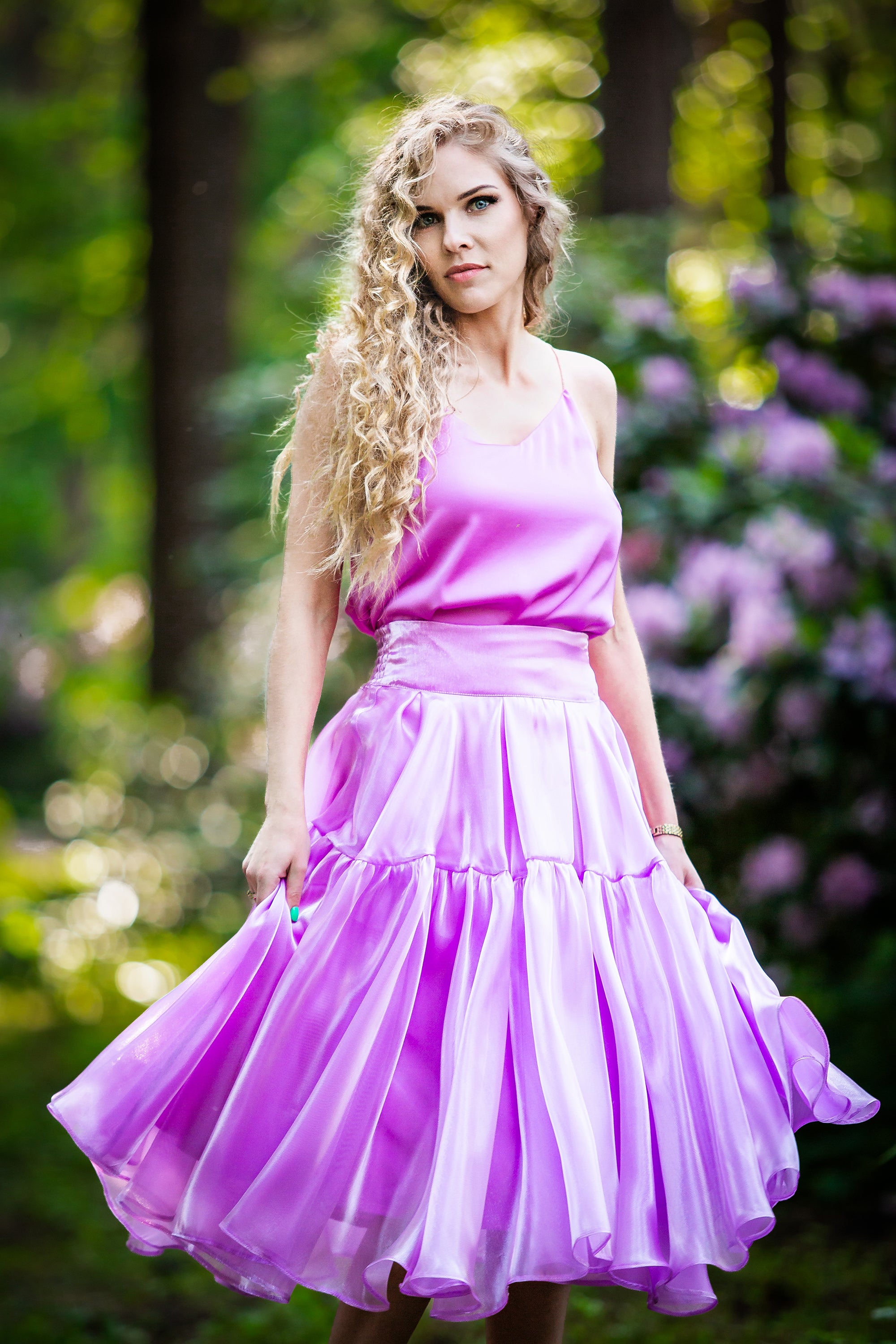 Elegant Flared Korean Silk Midi Skirt – Lilac Dream – GUNTINA