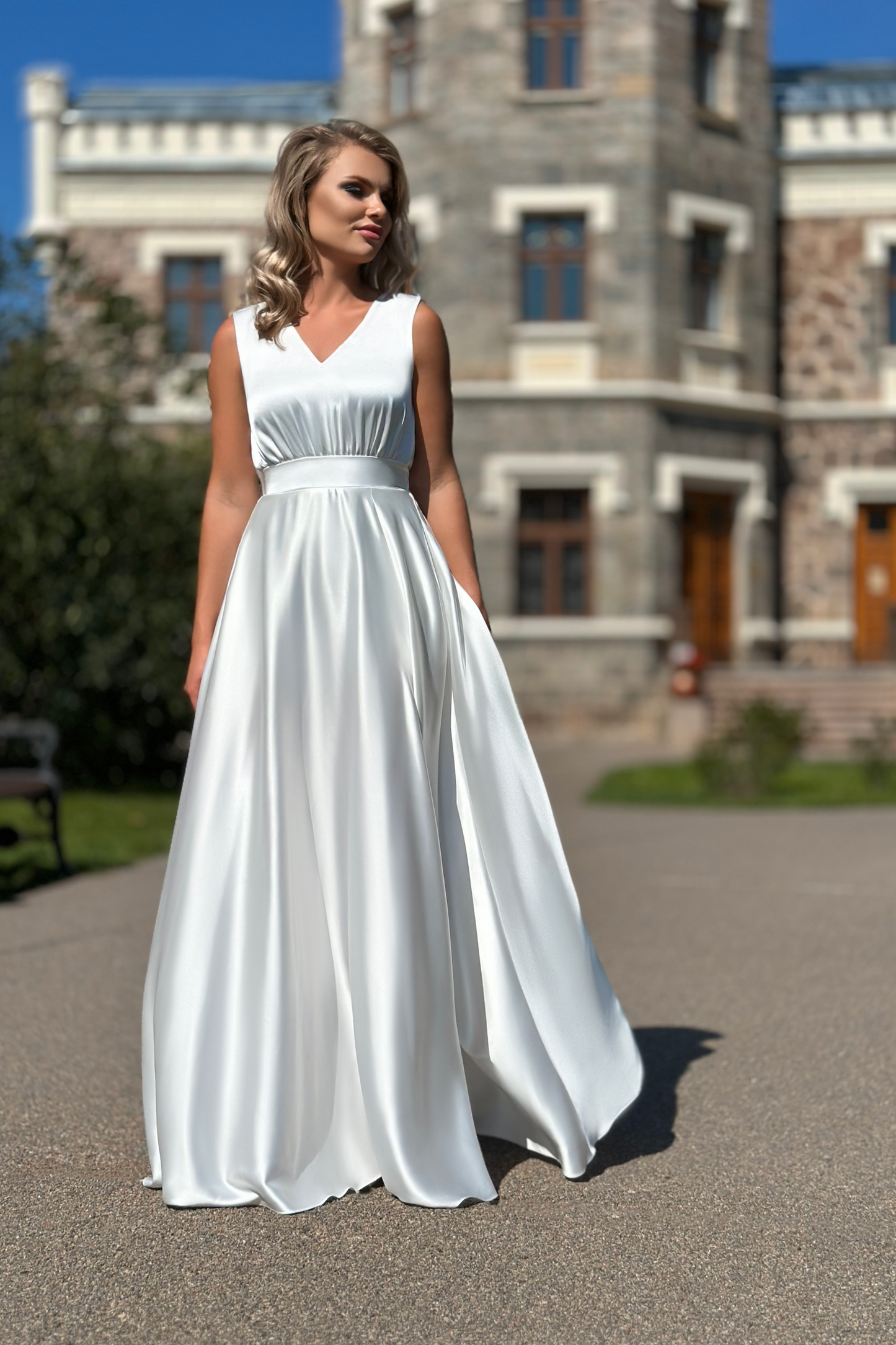 White long satin dress with slit