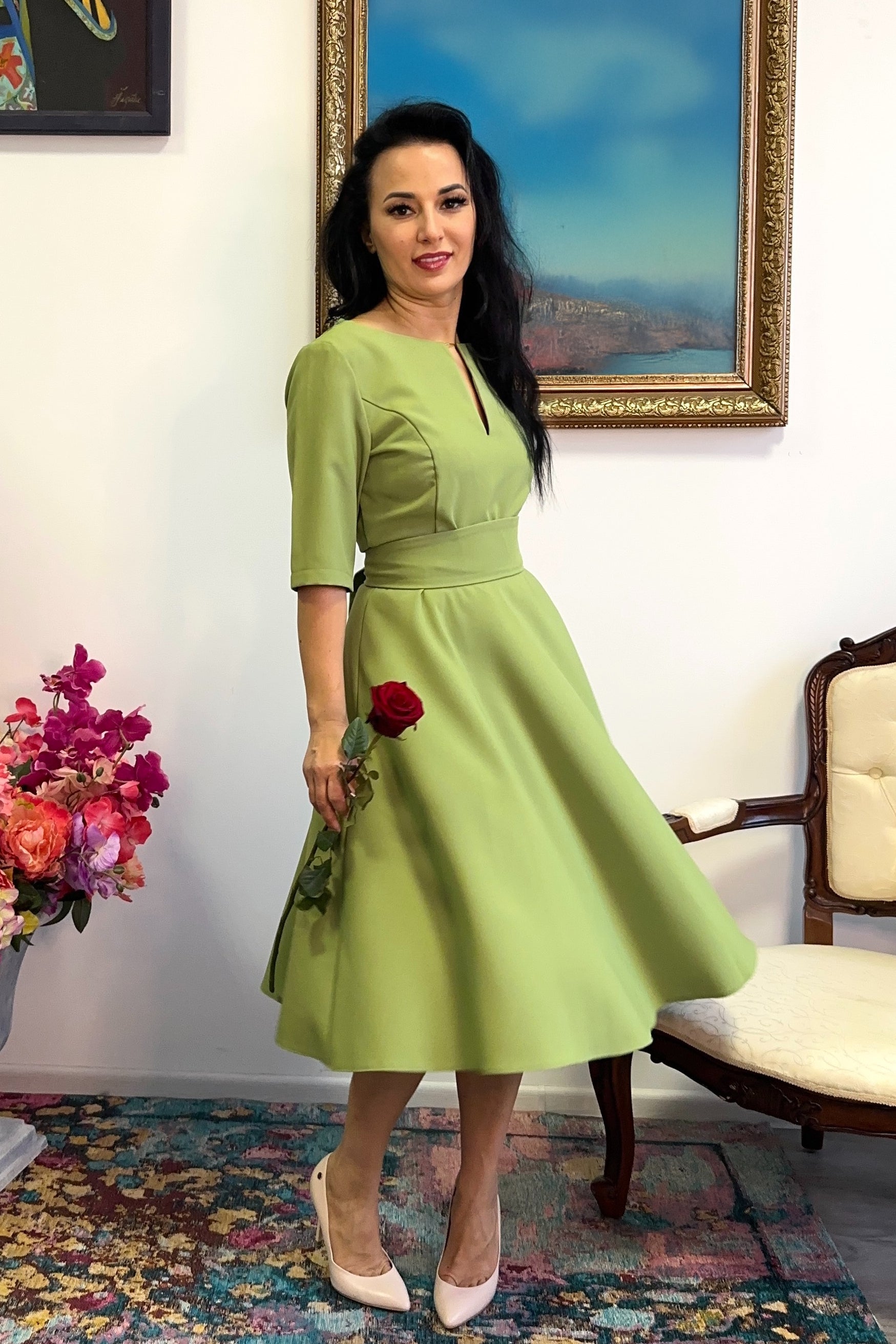 circle midi dress Green midi dress with circle skirts. Golden color detail in neckline –  GUNTINA