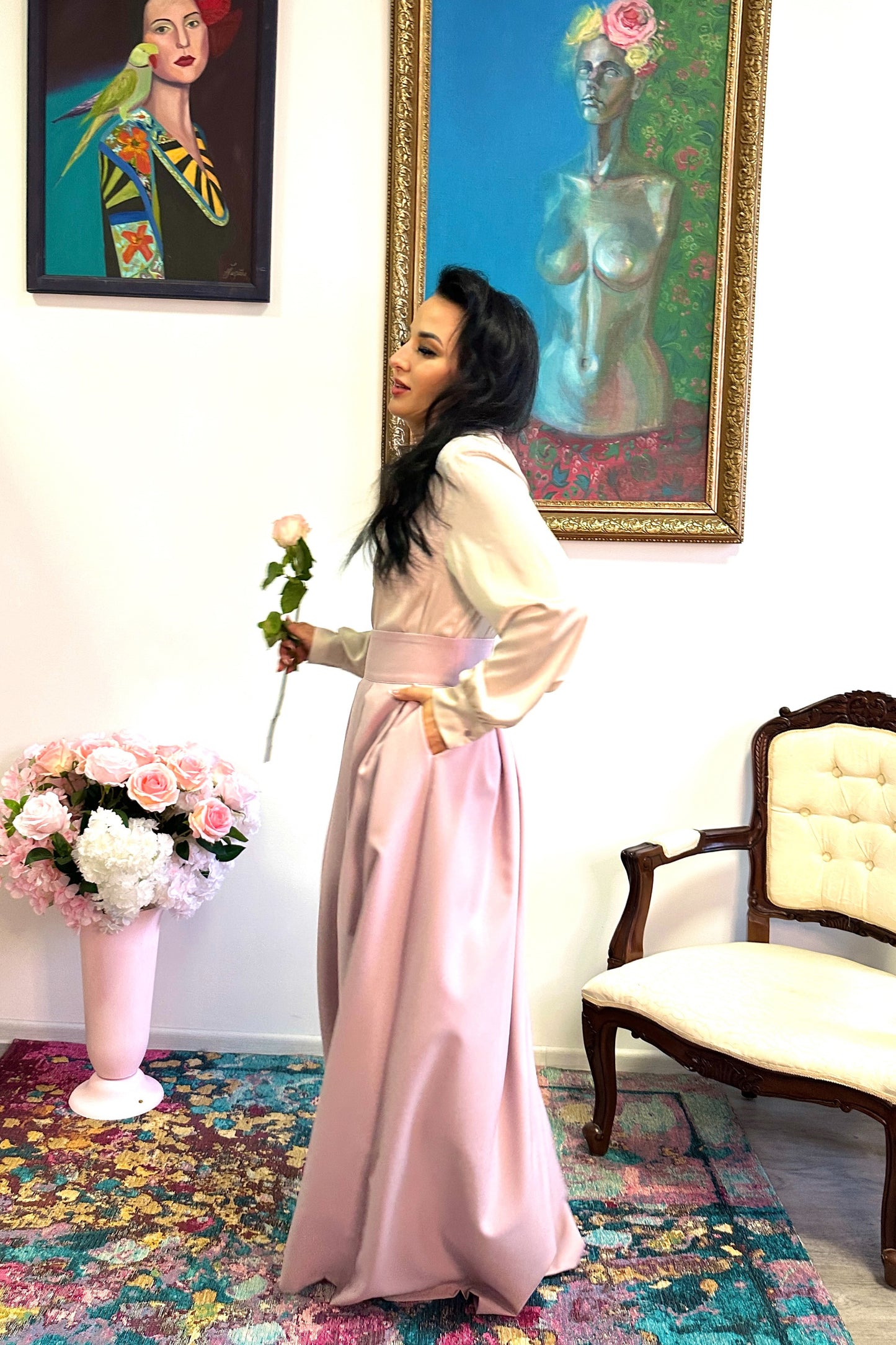 Rose beige full maxi skirt with side pockets