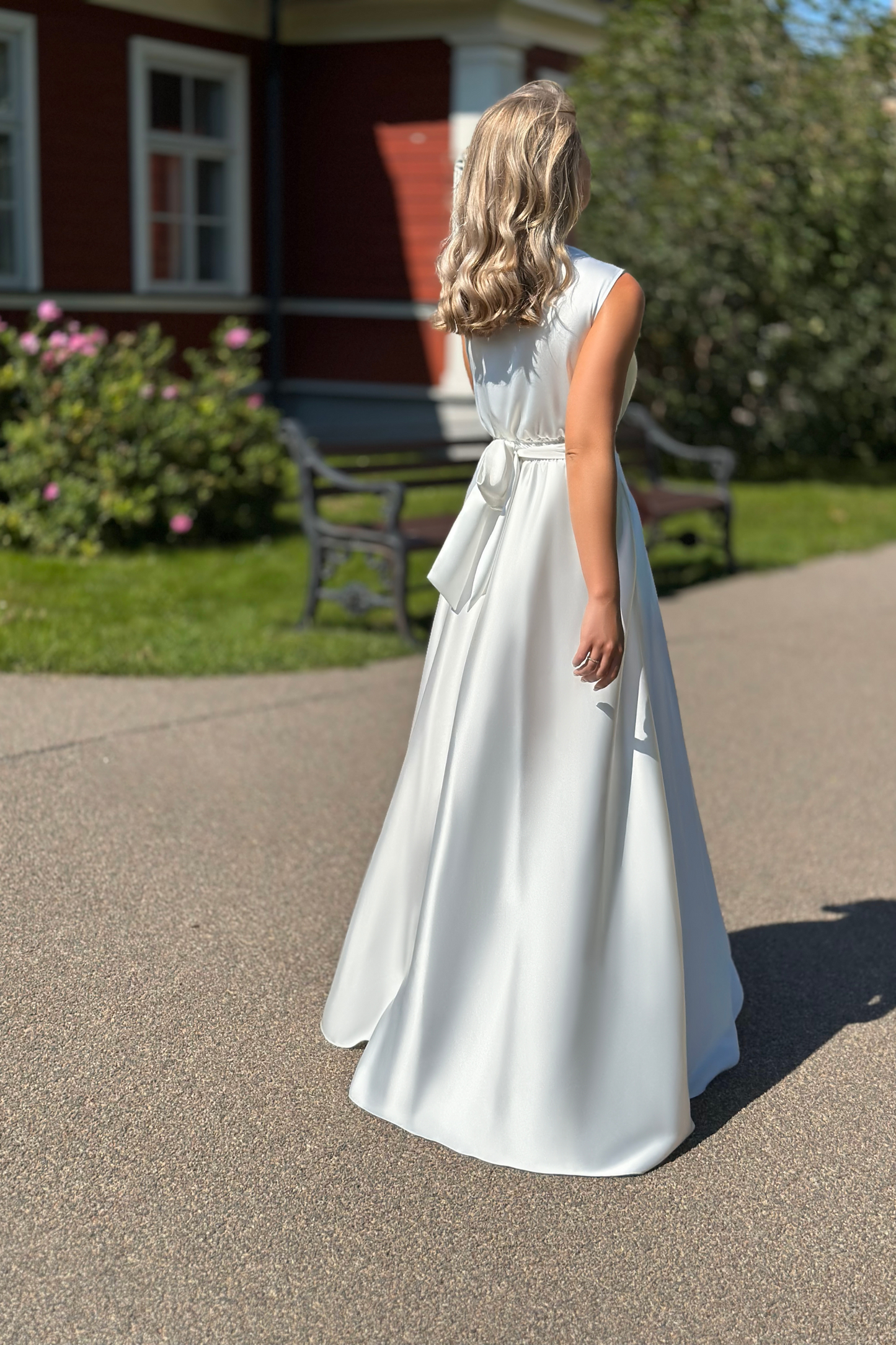 White long satin dress with slit