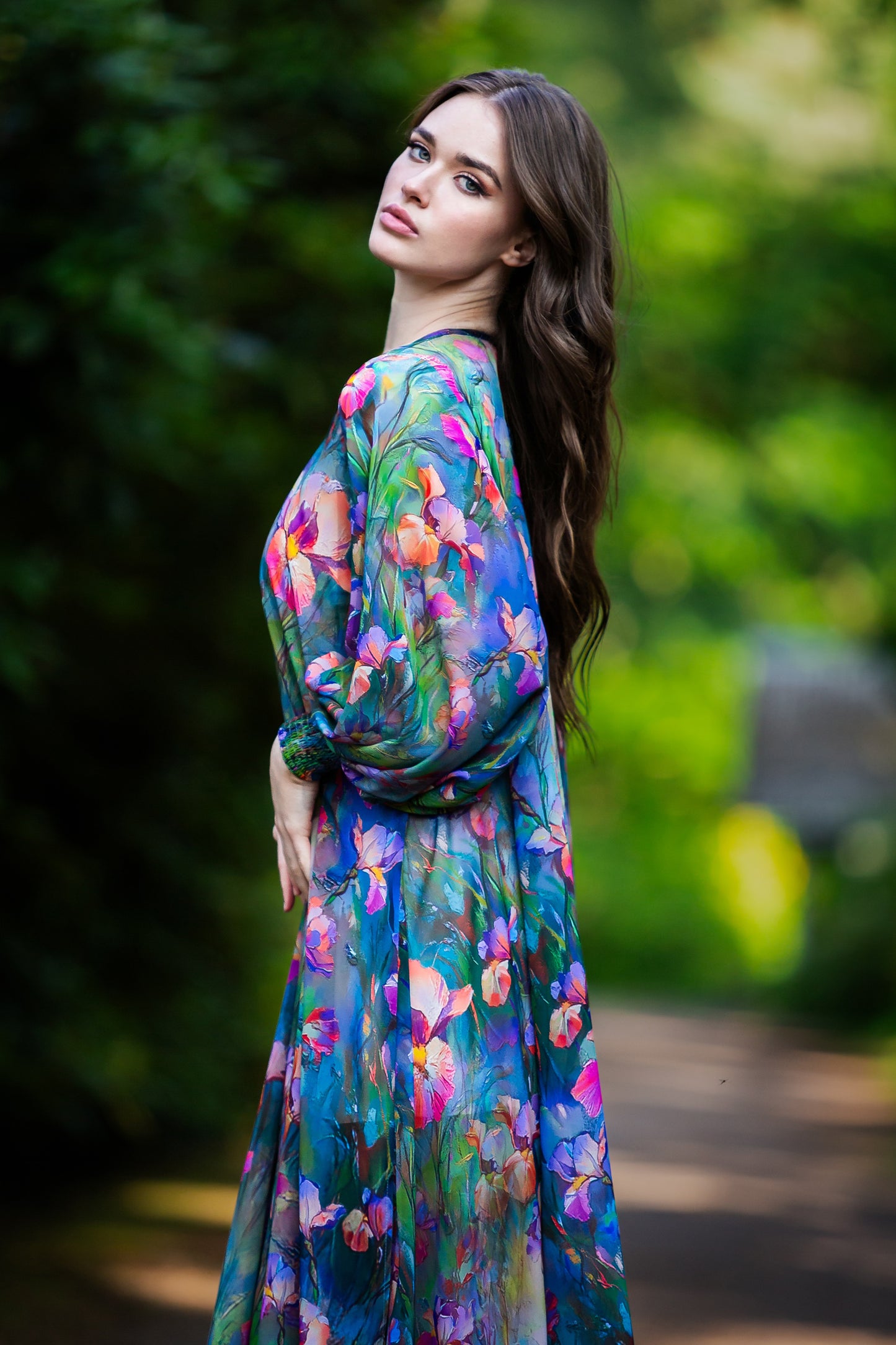 Green chiffon maxi dress with separated belt