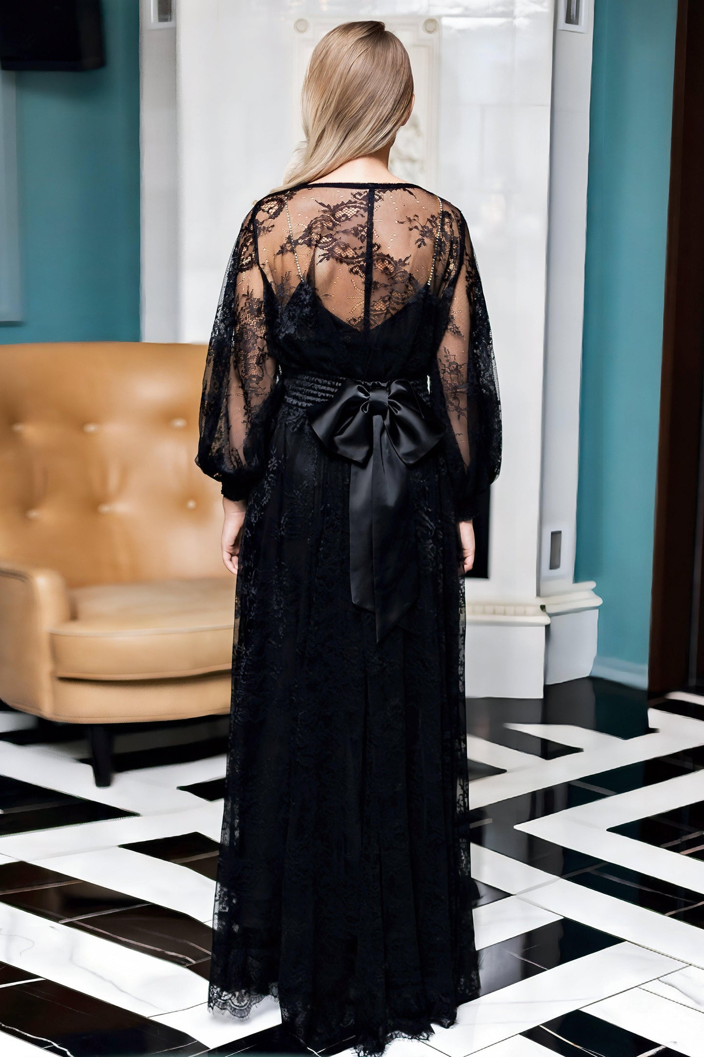Black Lace Maxi Dress for Women – Sheer Long Sleeve Gown with Satin Waist Tie, Floral Lace Evening & Occasion Dress