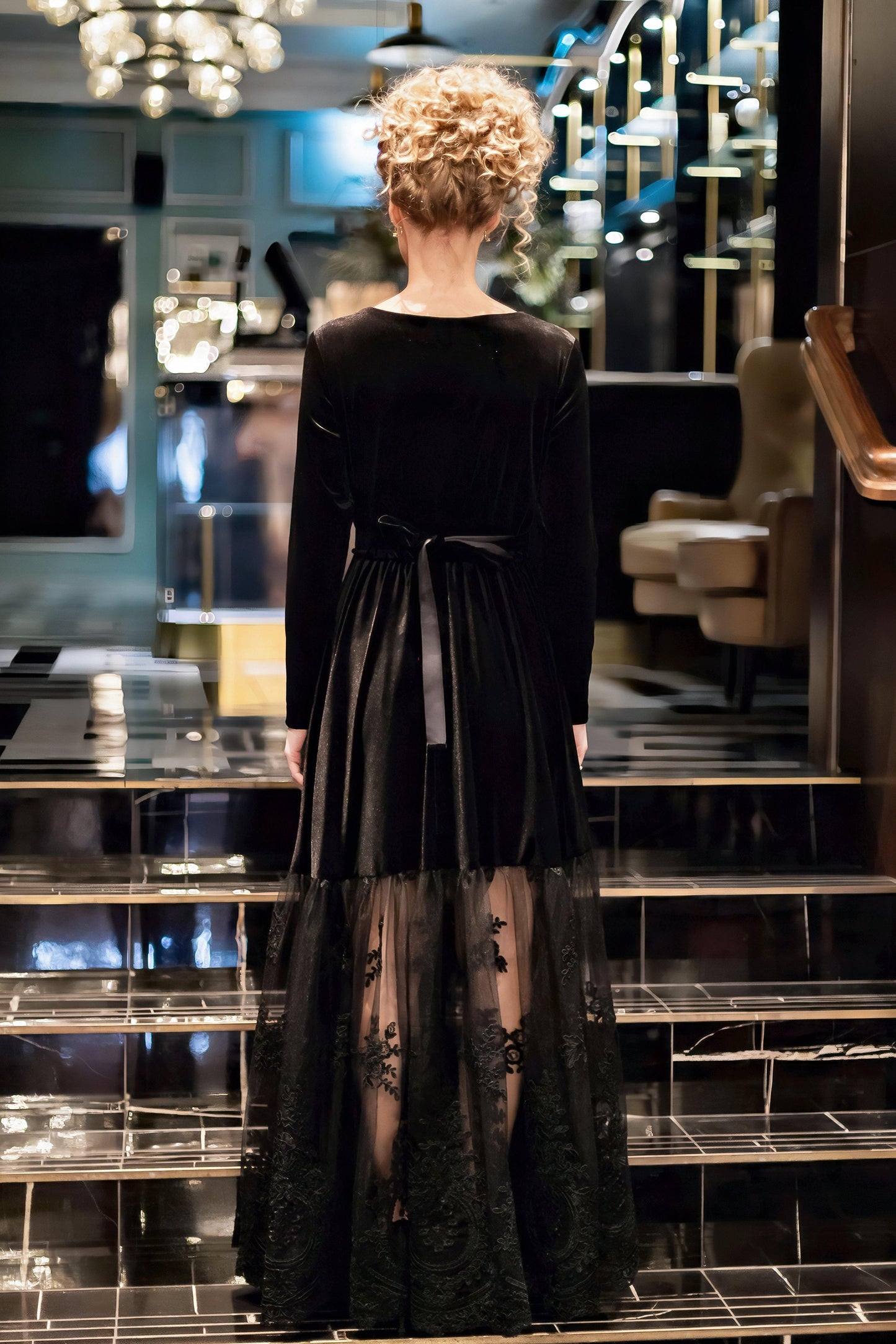 Black Velvet & Lace Long Dress with Sheer Hem – Women’s Evening Dress with Bow Detail and Long Sleeves
