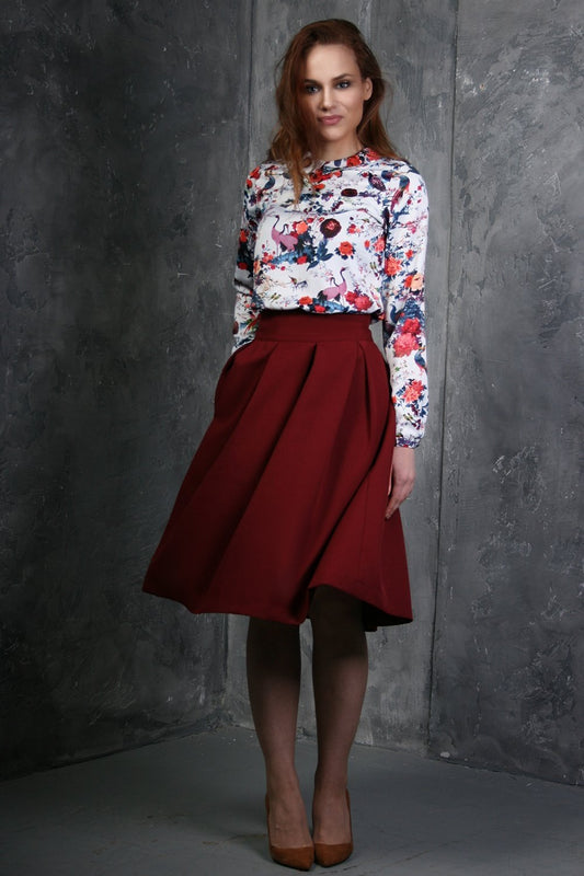 Burgundy flared skirts with side pockets