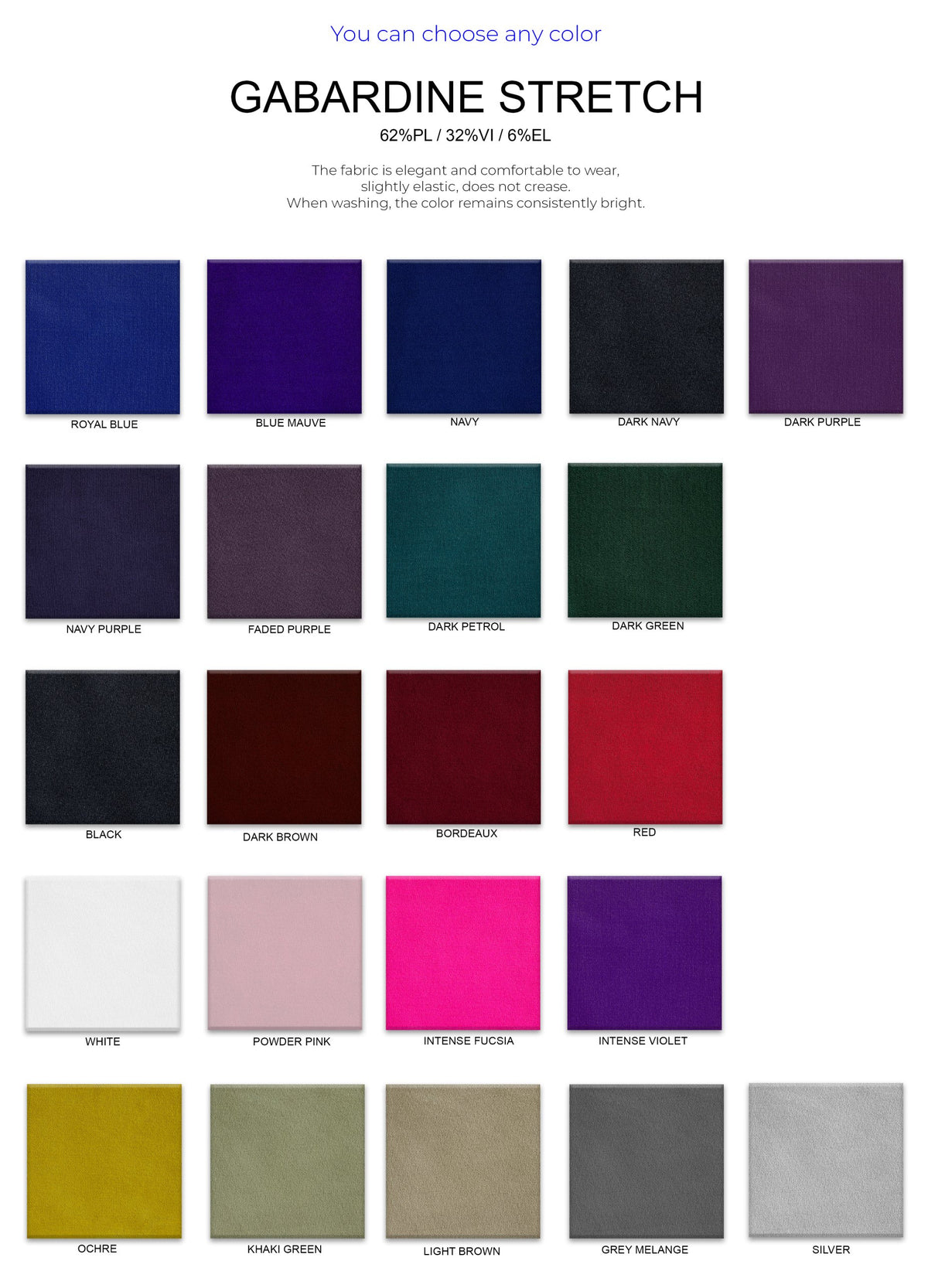 Gabardine stretch fabric color catalog — 23 colors available