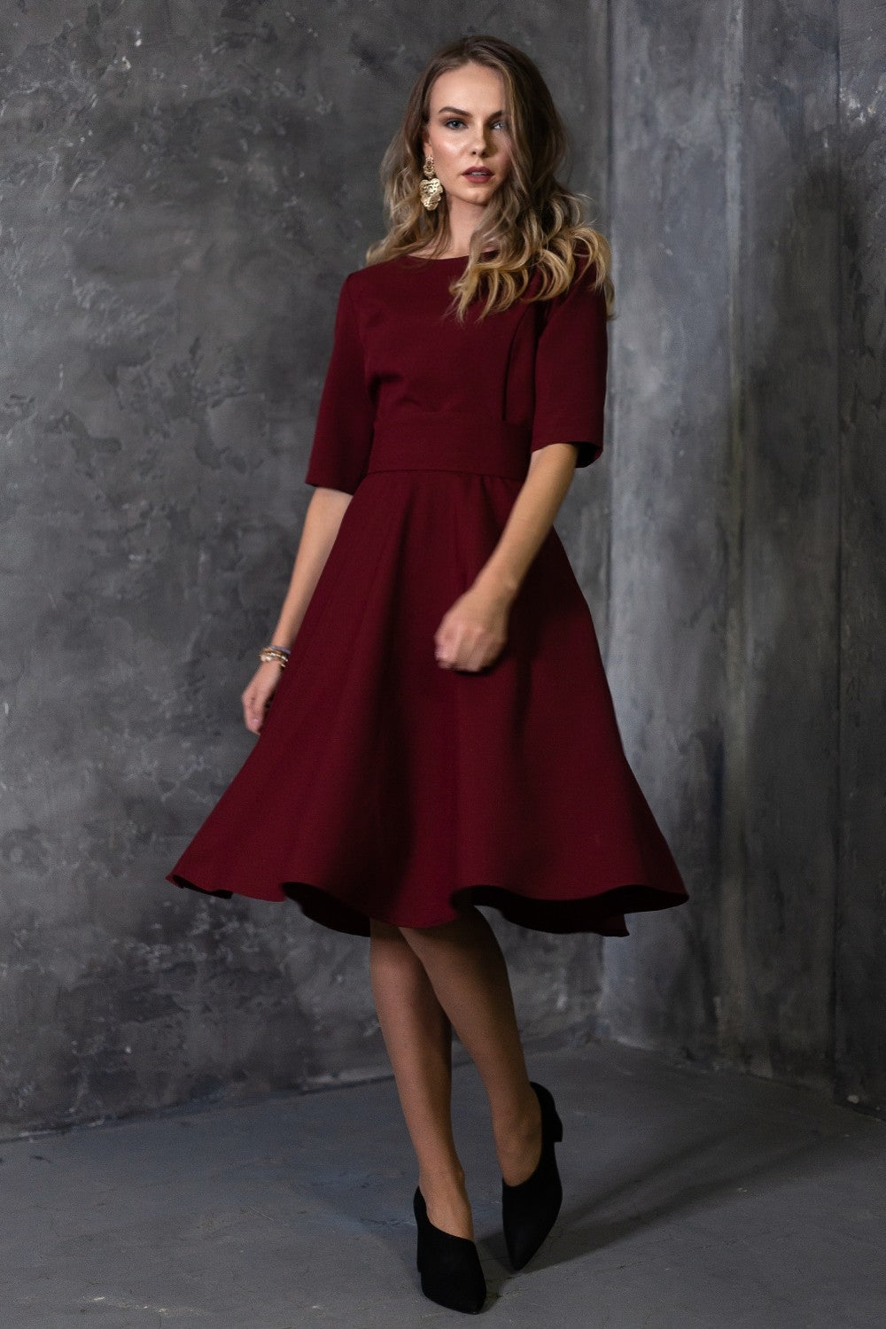 Plus Size Knee Length Tea Dress Uk Dark Red Dress With Circle Skirts GUNTINA Plus Size Knee Length Tea Dress Uk Dark Red Dress With Circle Skirts GUNTINA