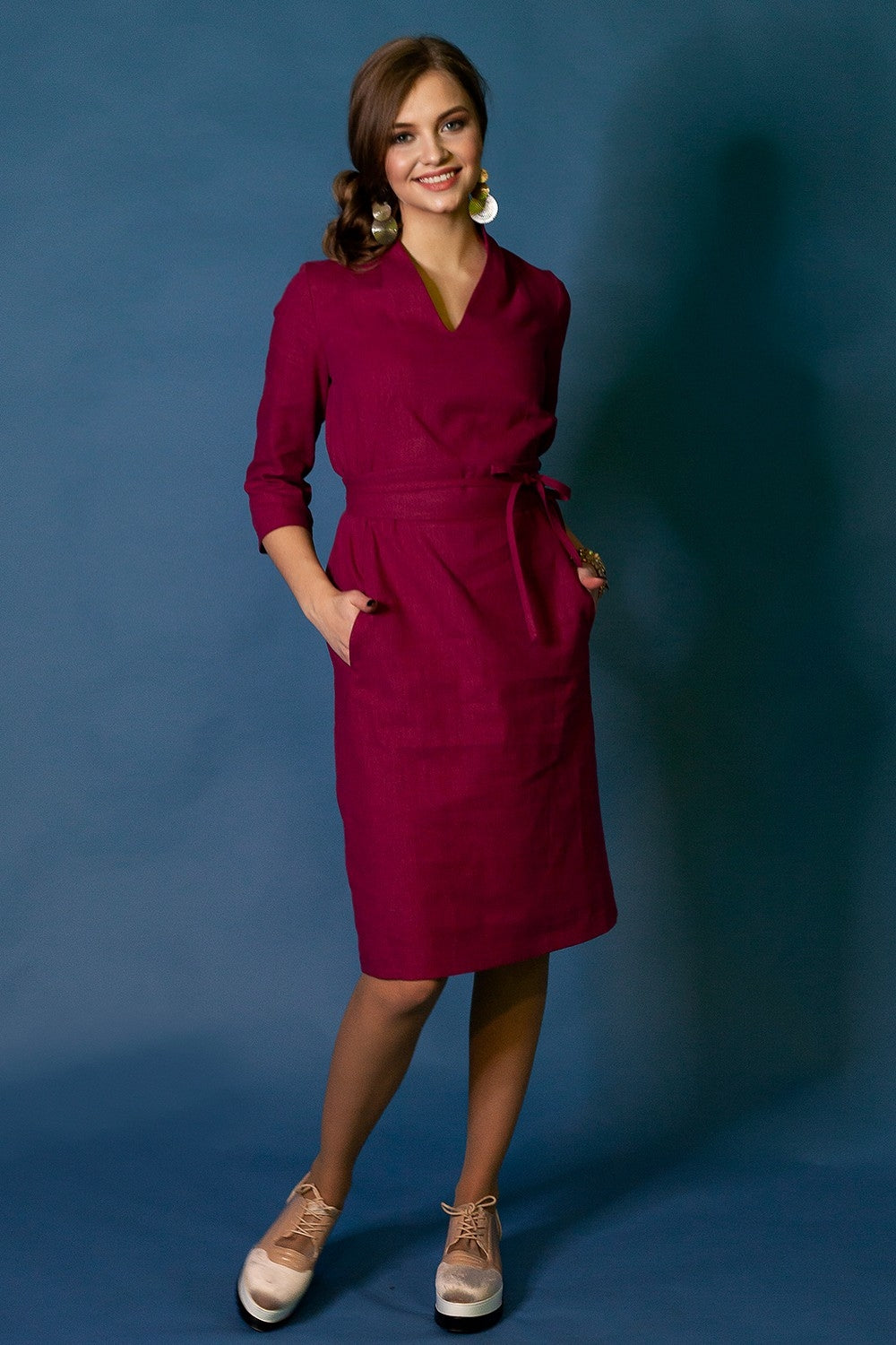 Raspberry red linen dress with stand up collar GUNTINA Raspberry red linen dress with stand up collar GUNTINA