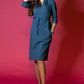Blue grey linen dress with stand up collar