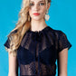Dark blue lace blouse with tying bow