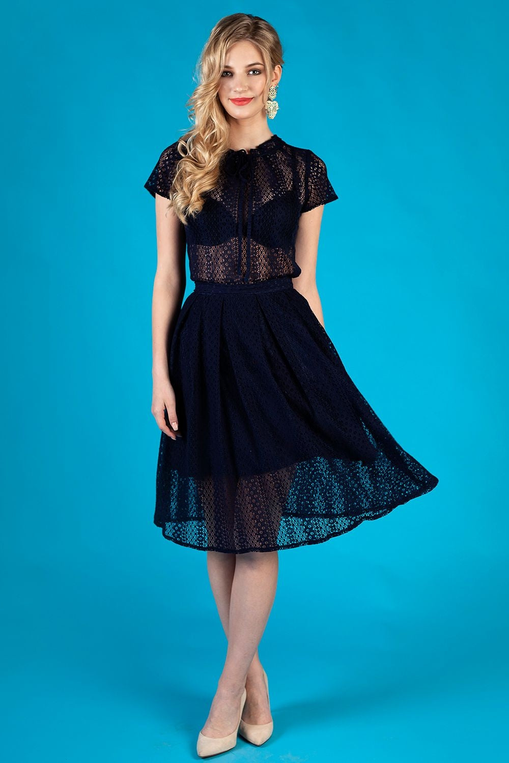 Dark blue lace skirt with side pockets