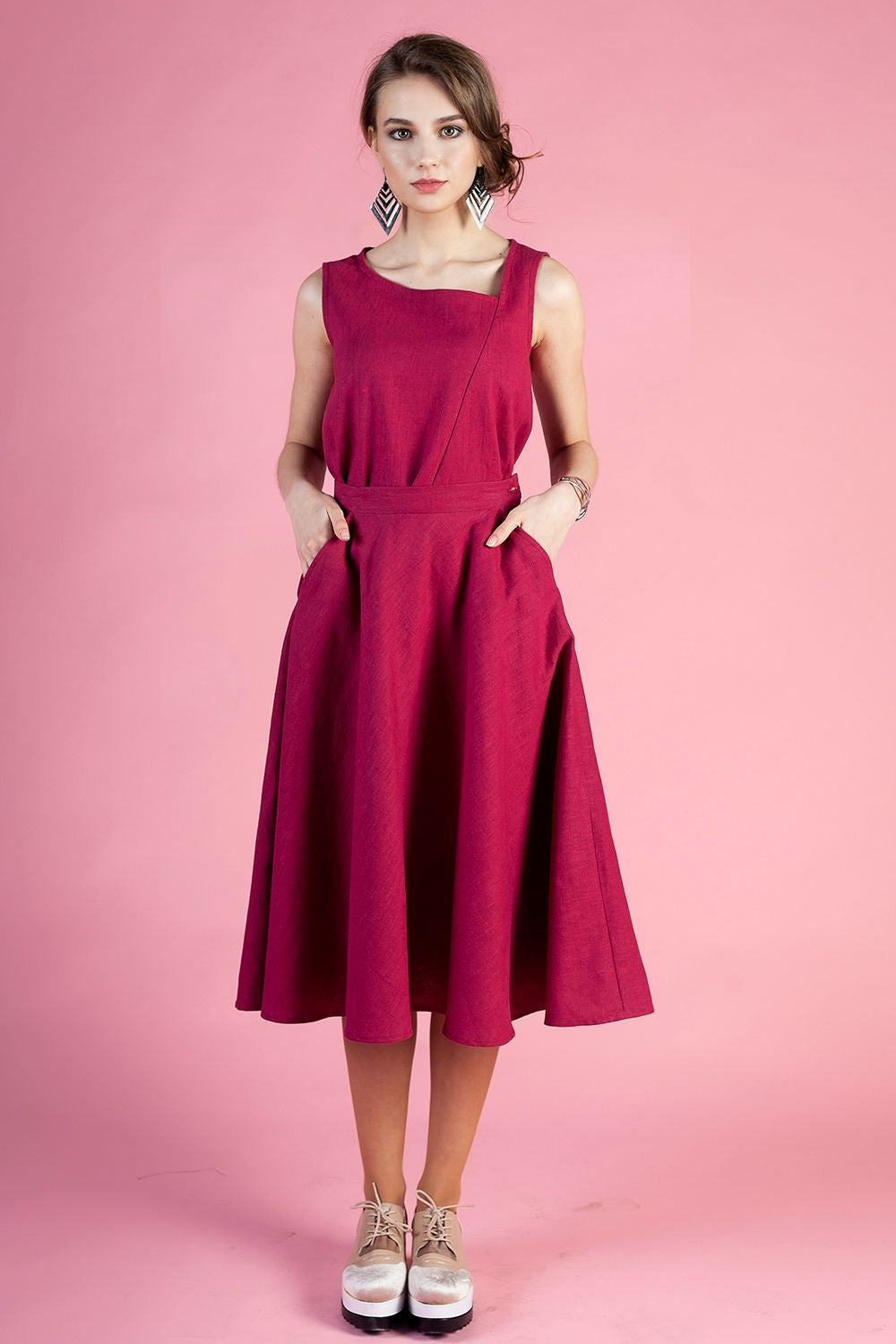 Raspberry red linen circle skirts with side pockets