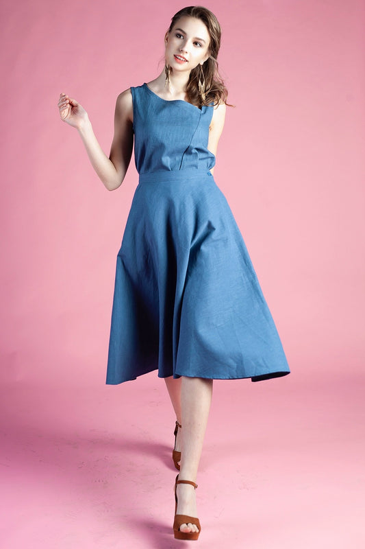 Blue grey linen circle skirts with side pockets