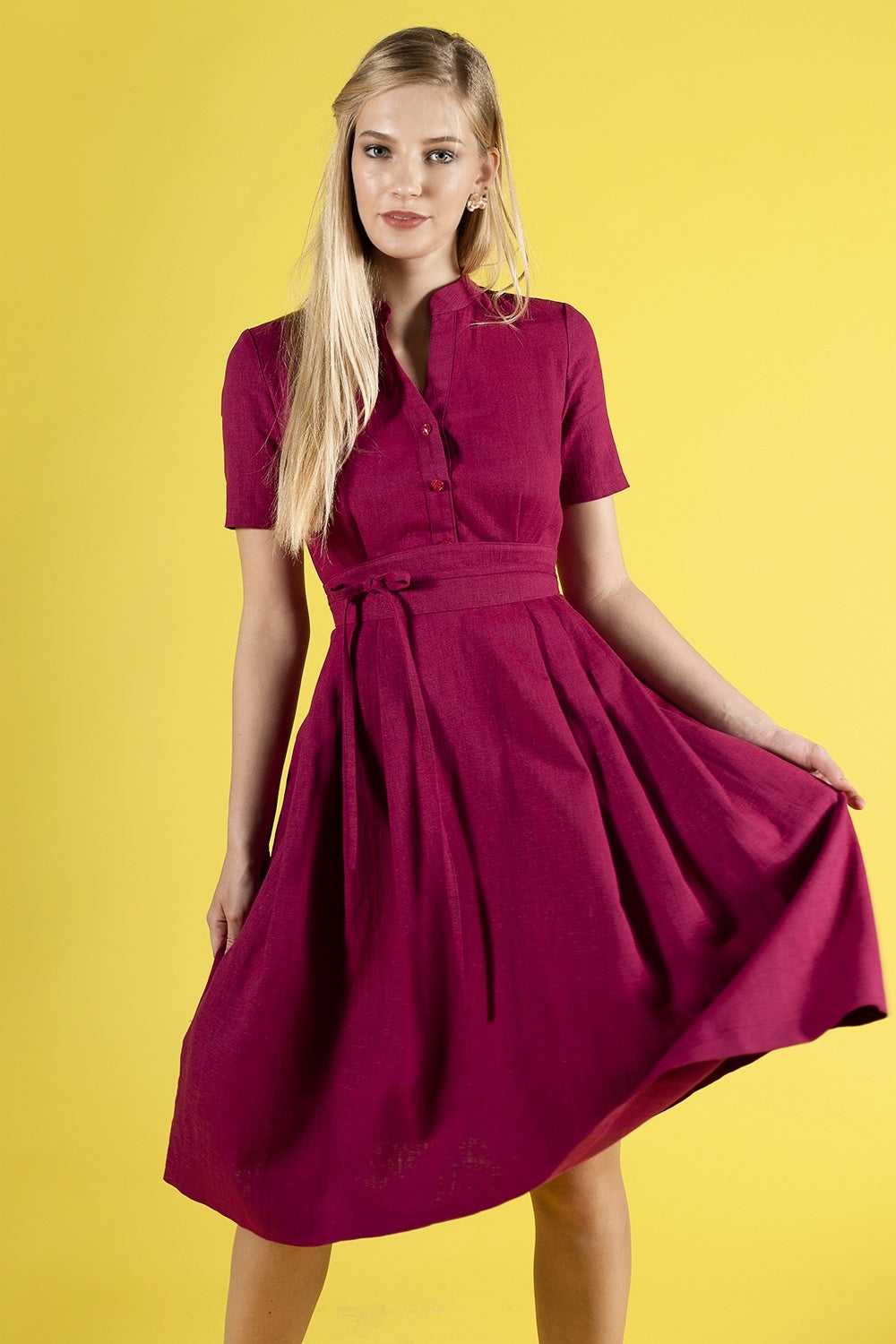 Raspberry red linen dress with stand up collar GUNTINA Raspberry red linen dress with stand up collar GUNTINA