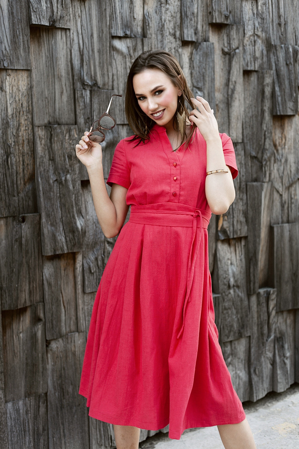 Red linen dress with stand up collar GUNTINA Red linen dress with stand up collar GUNTINA