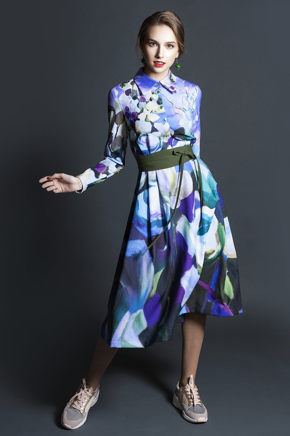 Dress with painted blue purple flower print