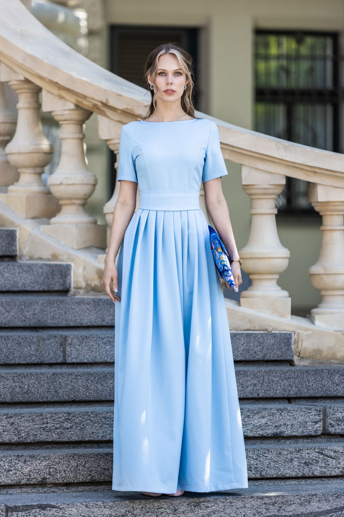Light Blue maxi long dress with pleats