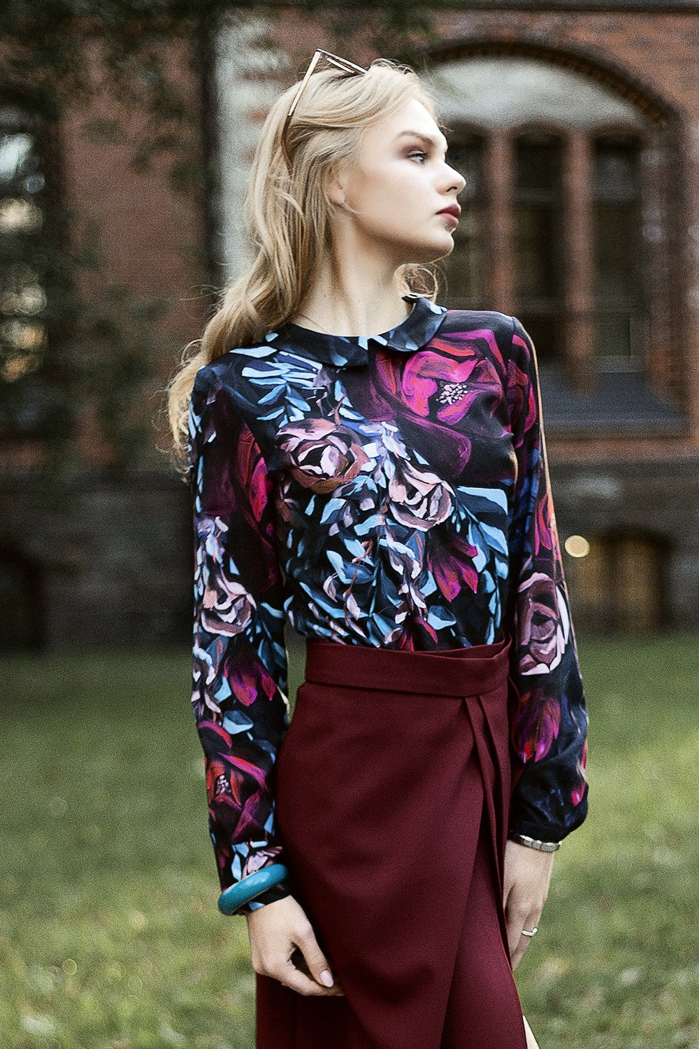 Blouse with painted red flower print