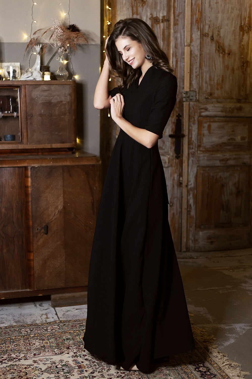 Black maxi dress with circle skirt and separated belt