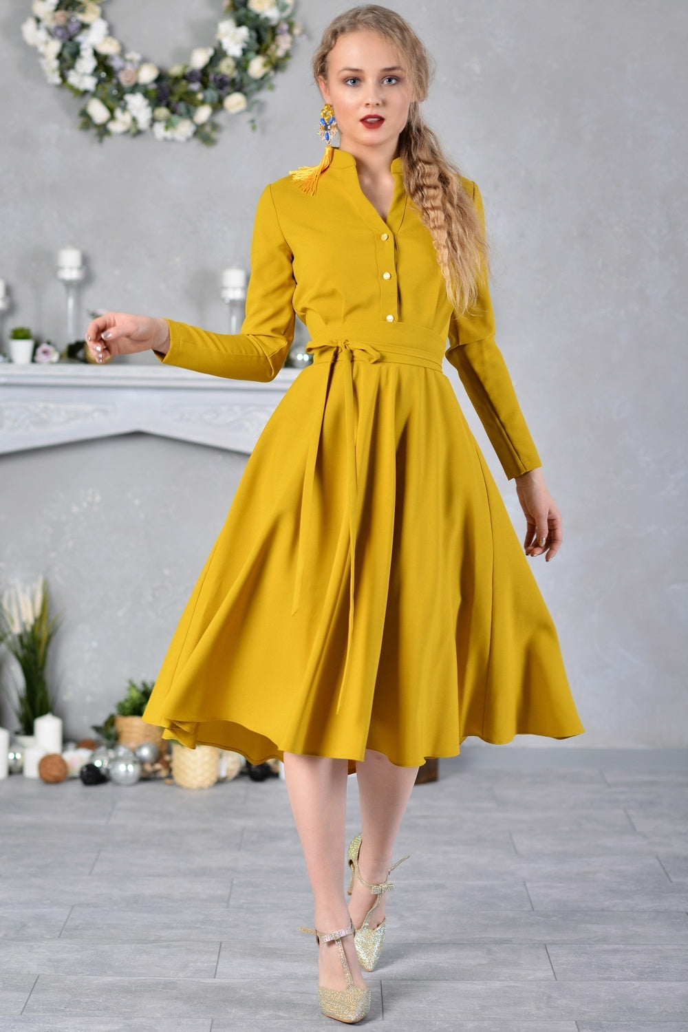 Mustard yellow dress with stand up collar and front buttons – GUNTINA