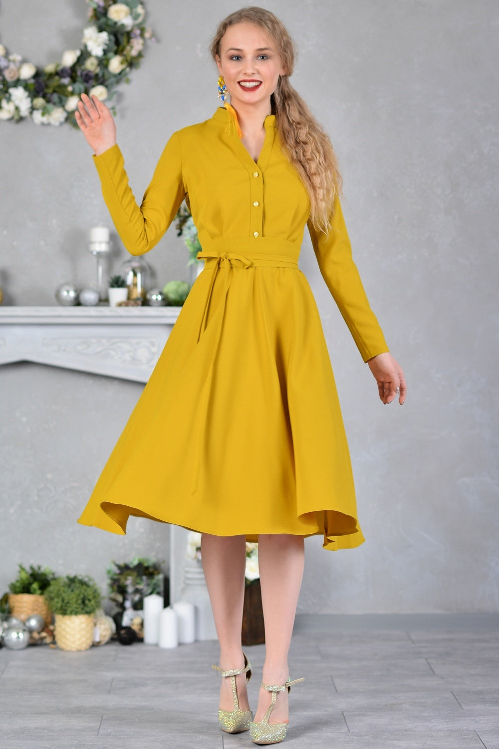 Mustard yellow dress with stand up collar and front buttons