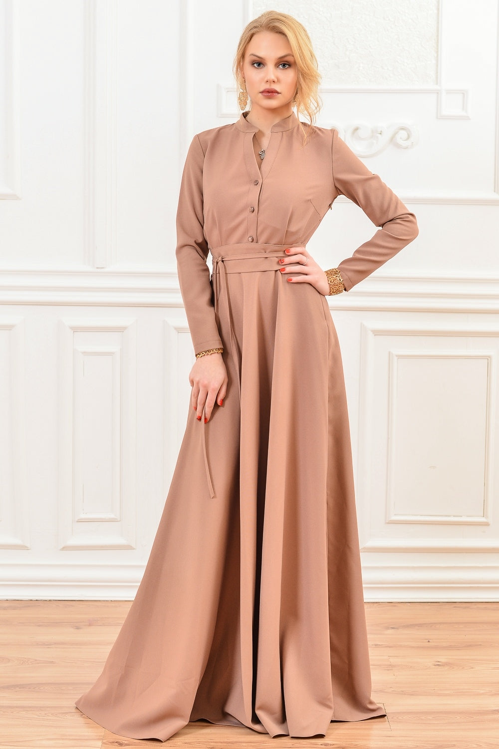 Light brown maxi dress with stand up collar and front buttons GUNTINA Light brown maxi dress with stand up collar and front buttons GUNTINA
