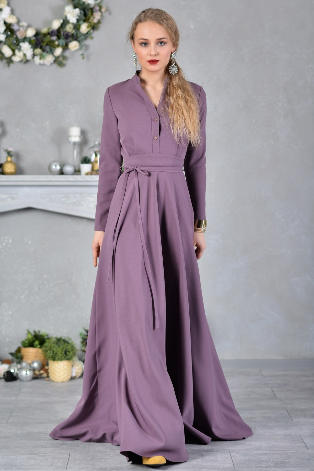 Grey purple maxi dress with stand up collar and front buttons GUNTINA Grey purple maxi dress with stand up collar and front buttons GUNTINA