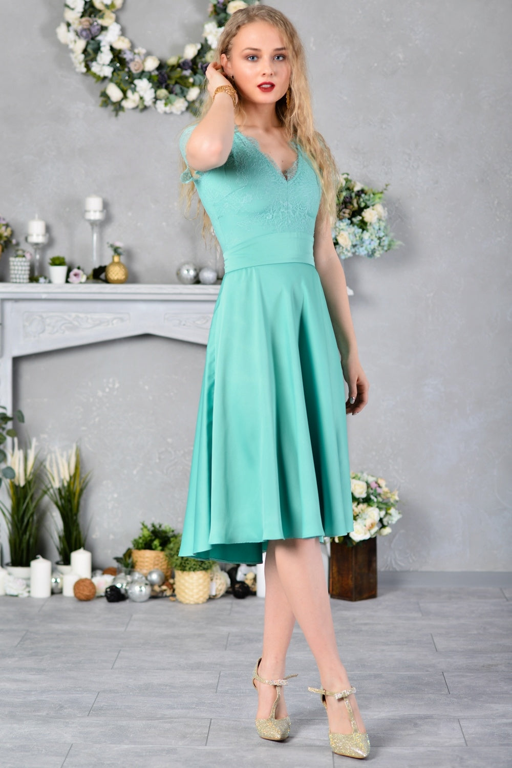 Mint green lace dress with circle skirt