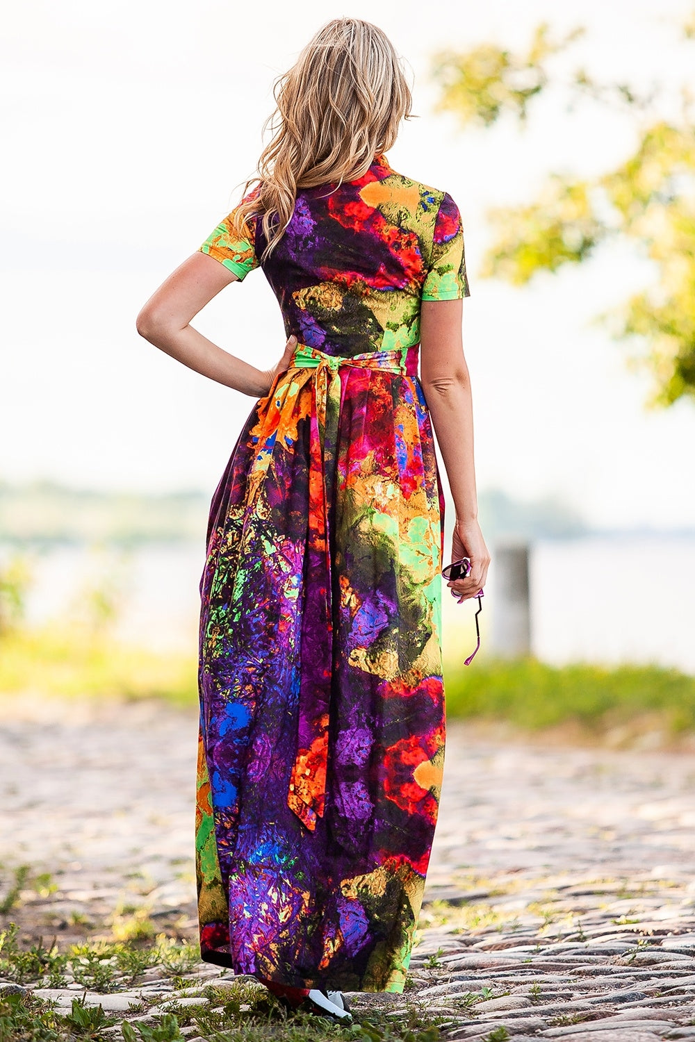 Abstract print maxi dress with side pockets