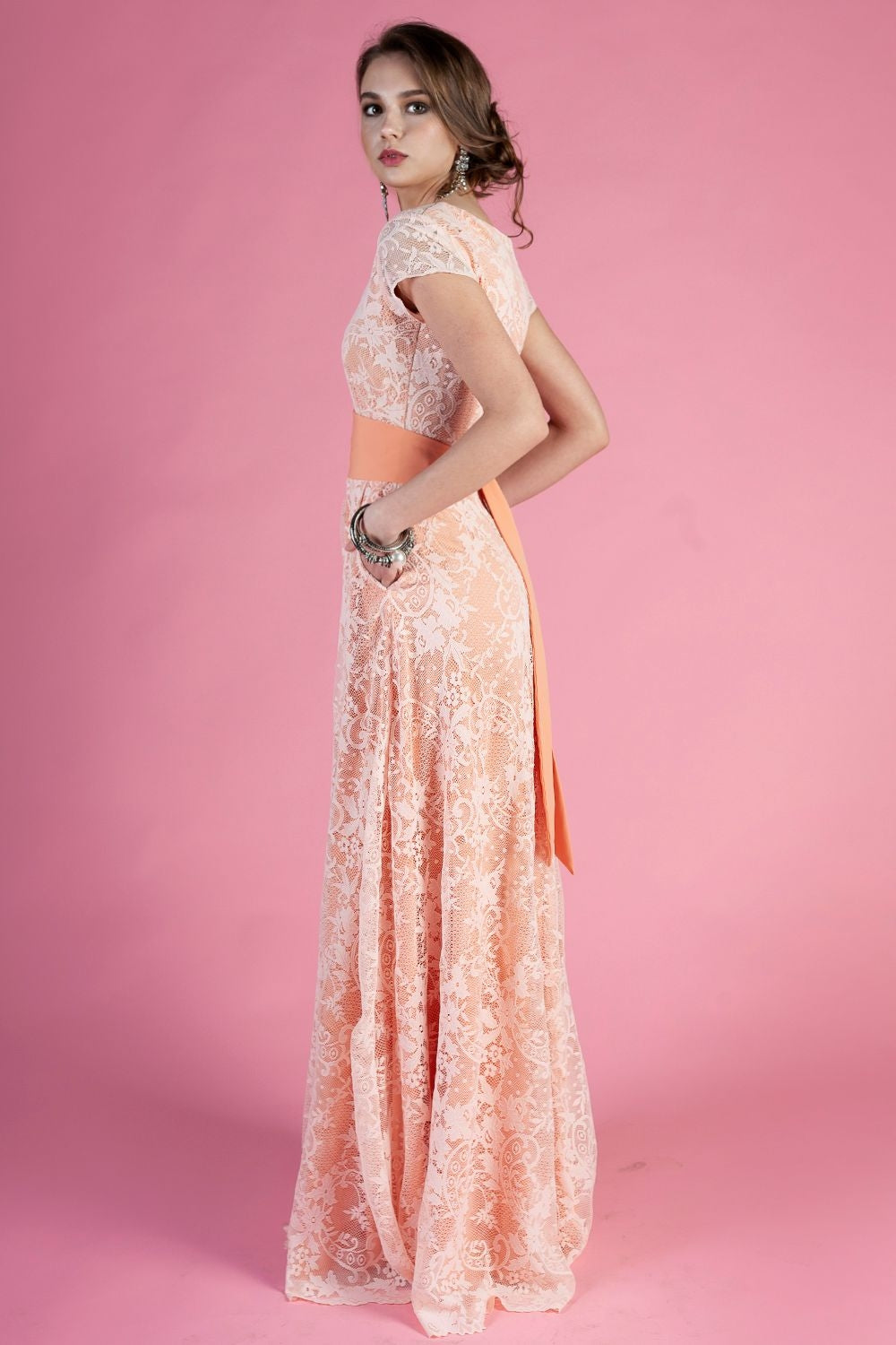 Salmon lace maxi dress with side pockets
