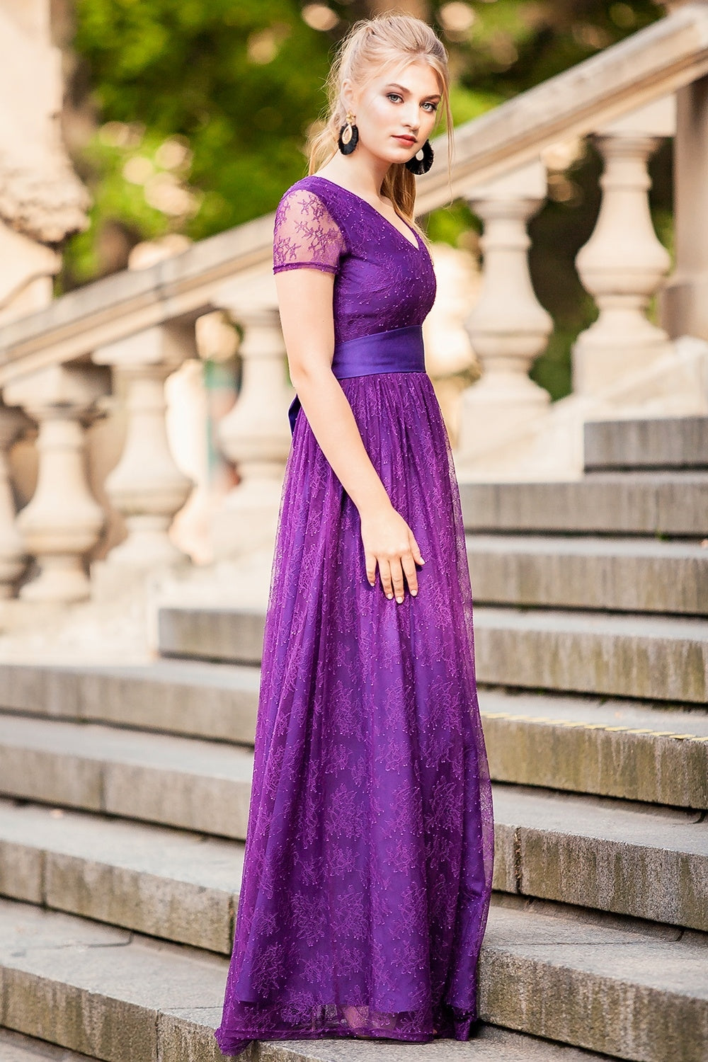 Purple lace maxi dress with short sleeves