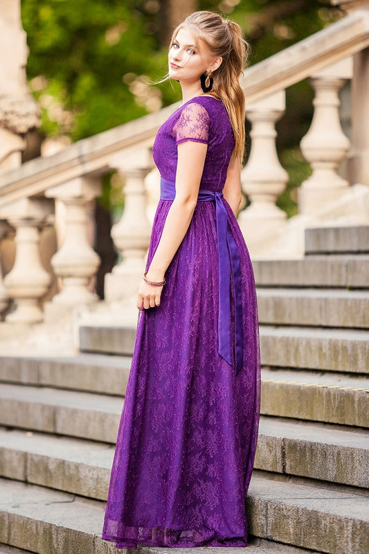 Purple lace maxi dress with short sleeves