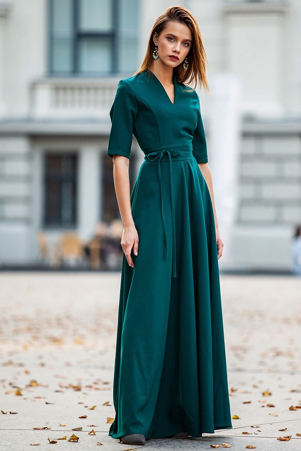 Classic dark green maxi dress with circle skirt and separated belt