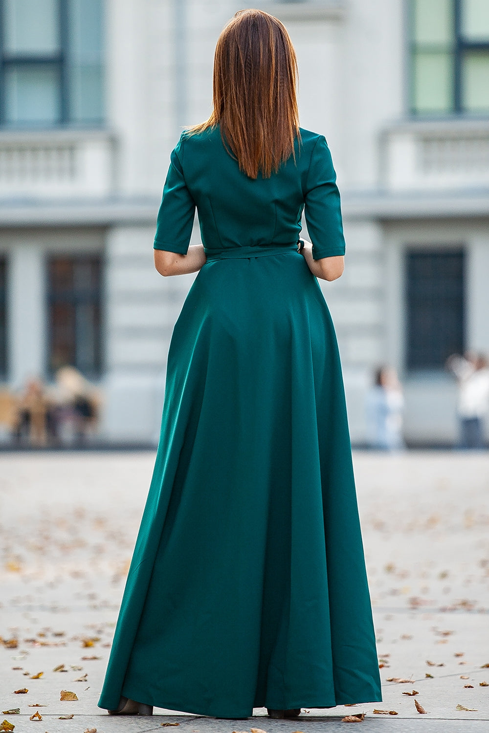 Classic dark green maxi dress with circle skirt and separated belt