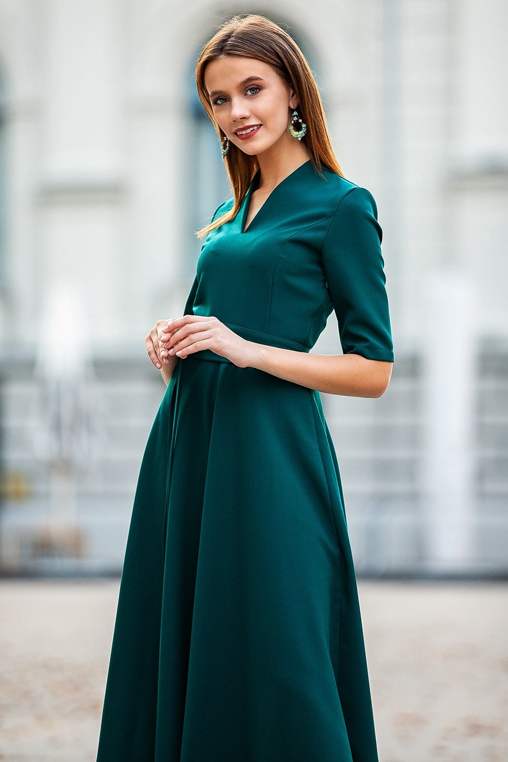 Classic dark green maxi dress with circle skirt and separated belt