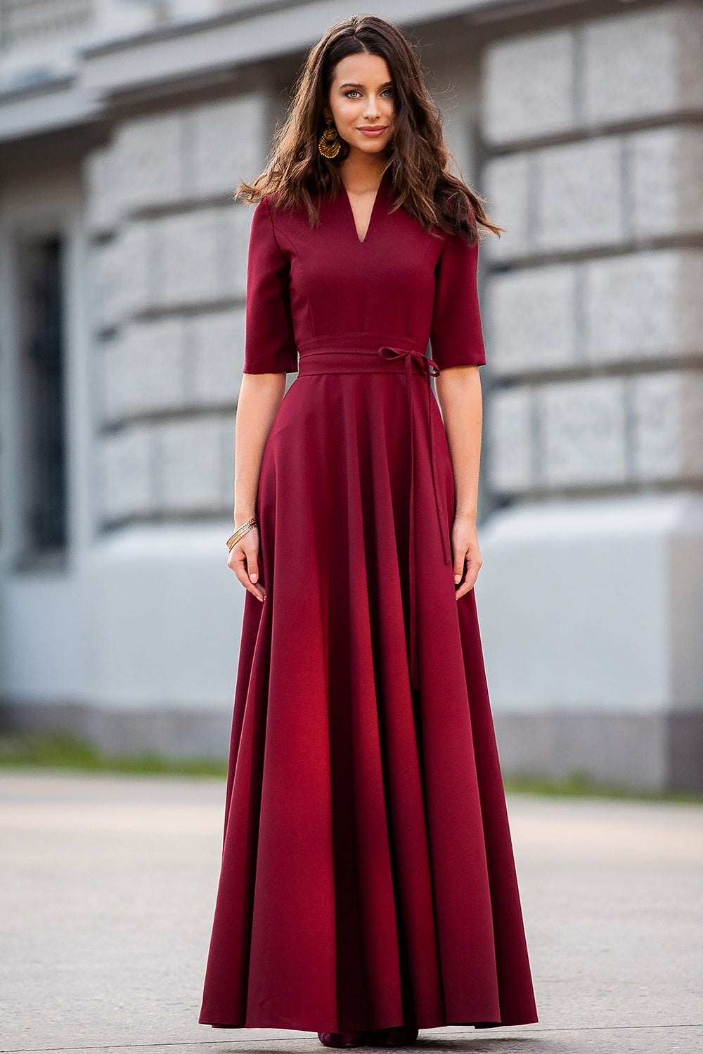 Classic dark red maxi dress with circle skirt and separated belt GUNTINA Classic dark red maxi dress with circle skirt and separated belt GUNTINA