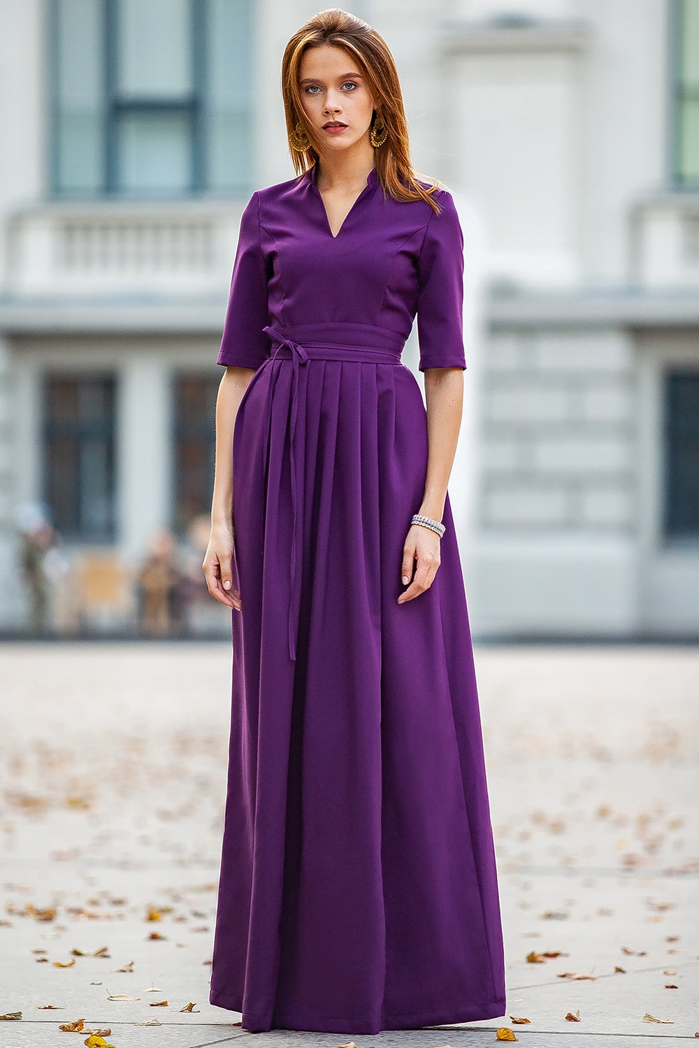 Dark purple classic maxi dress with pleats and separated belt GUNTINA Dark purple classic maxi dress with pleats and separated belt GUNTINA