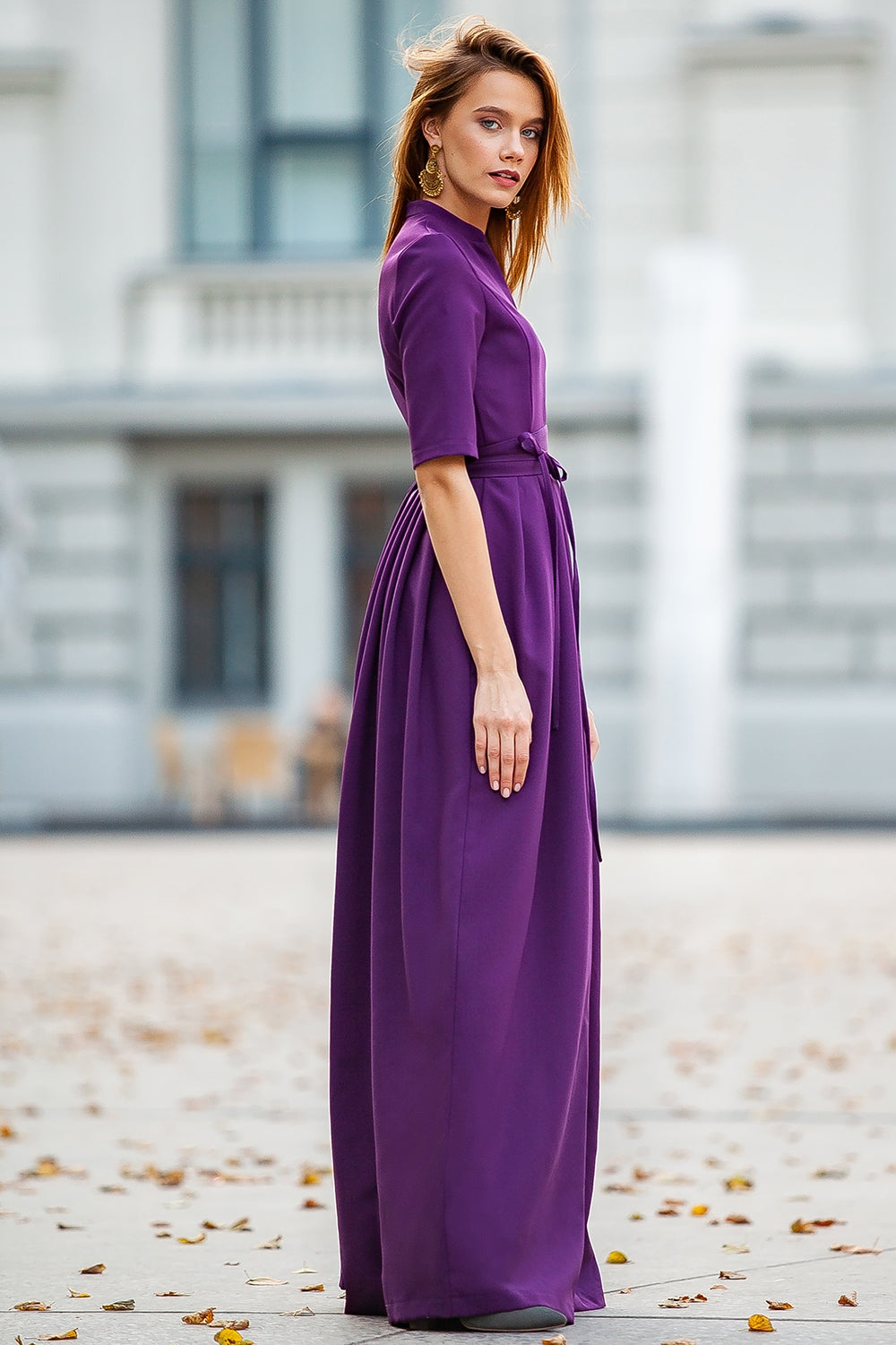Dark purple classic maxi dress with pleats and separated belt