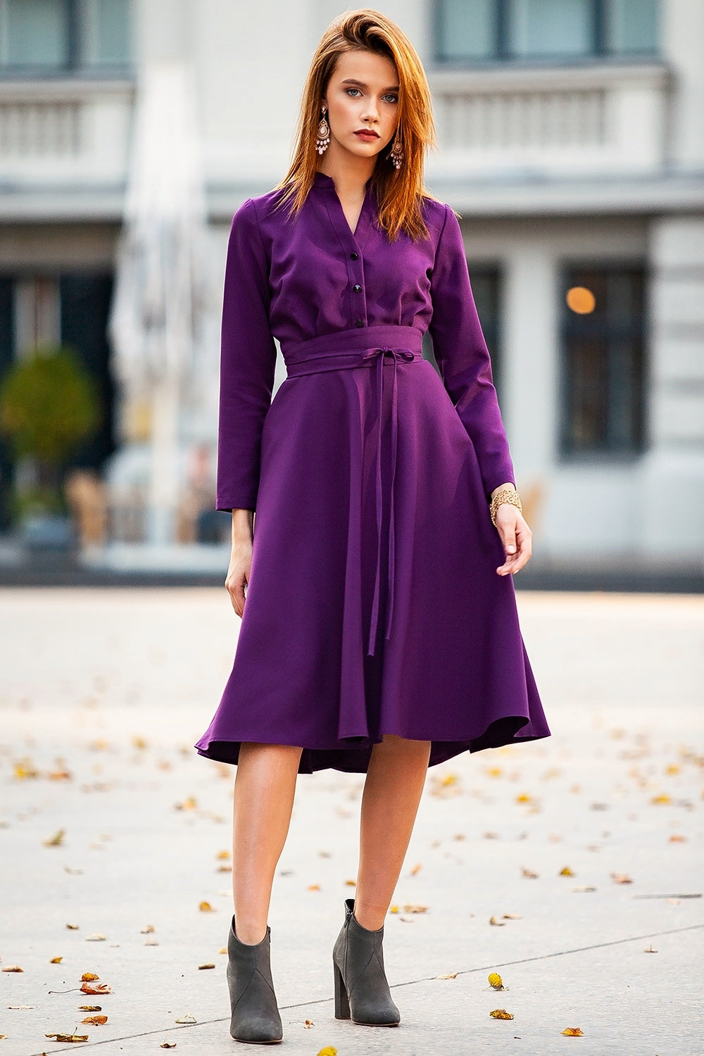 Dark purple dress with collar and front buttons GUNTINA Dark purple dress with collar and front buttons GUNTINA