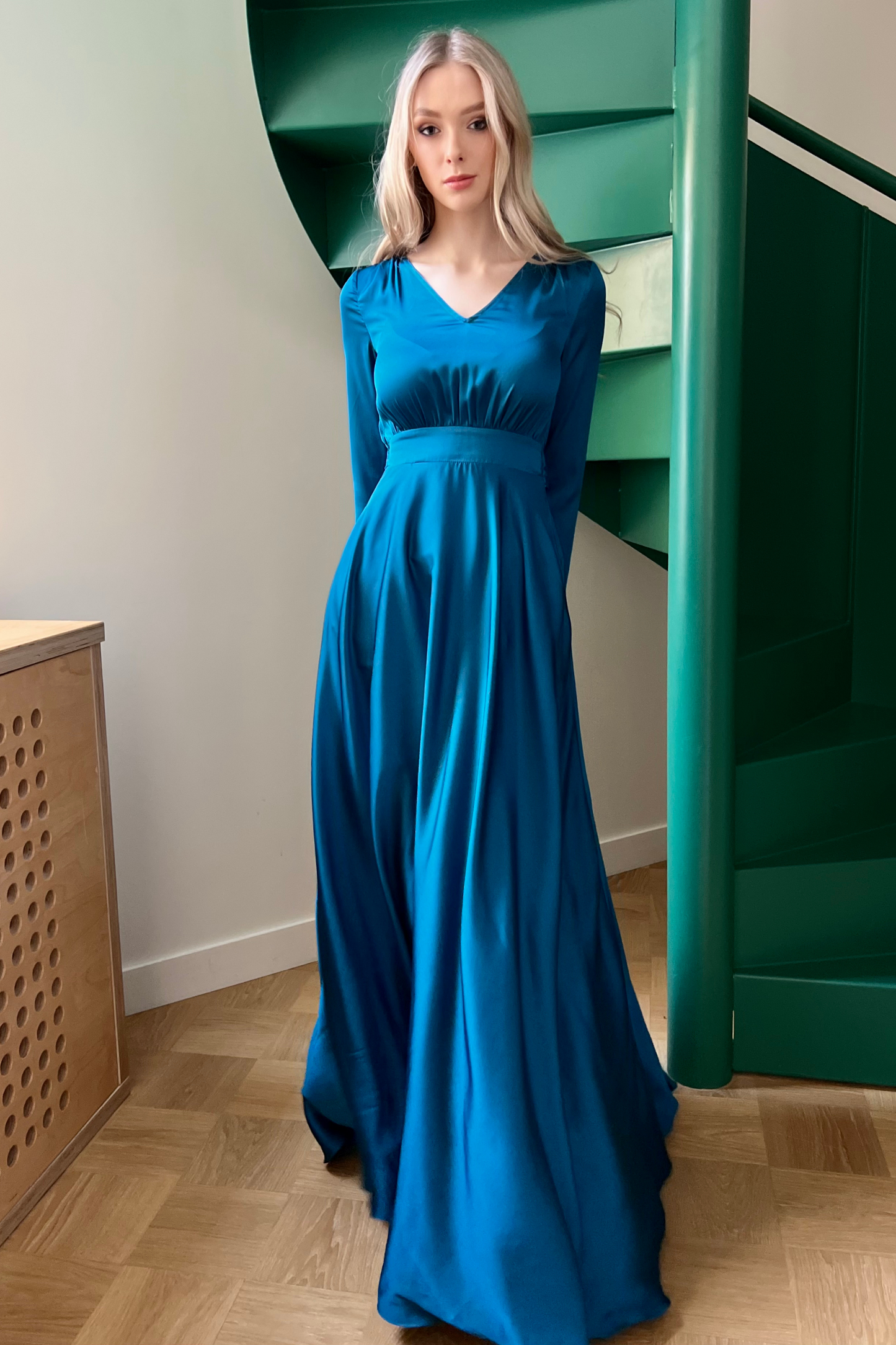 Peacock maxi dress with long sleeves