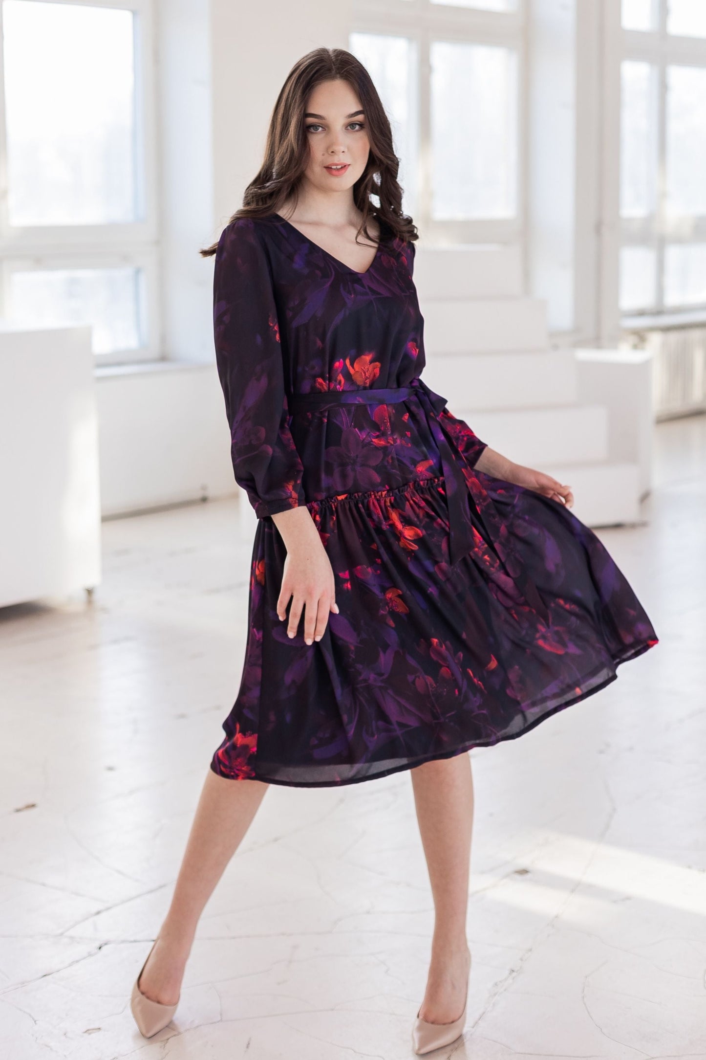 Dark purple chiffon dress with flowers
