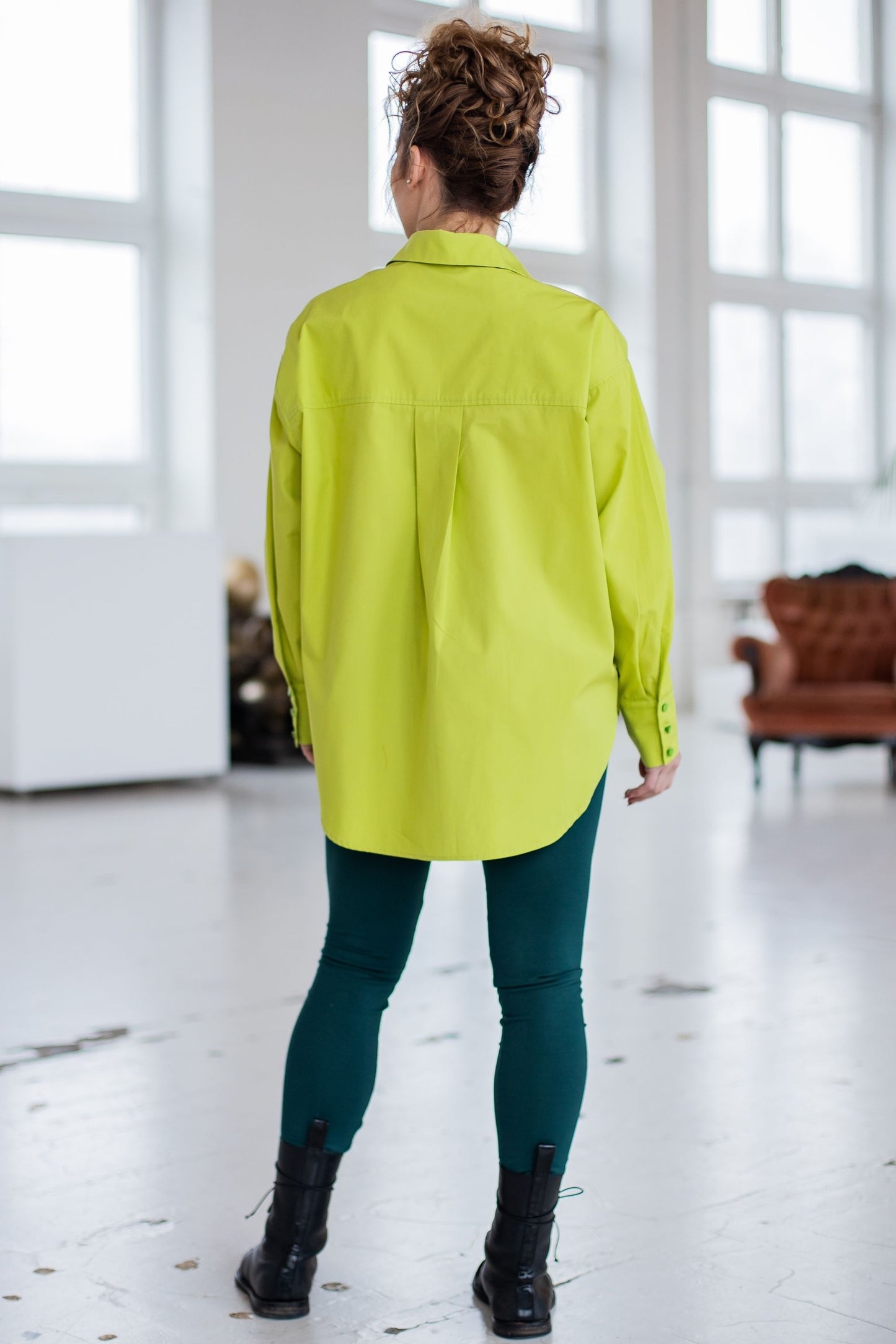 Bright lime-colored organic cotton shirt with buttons