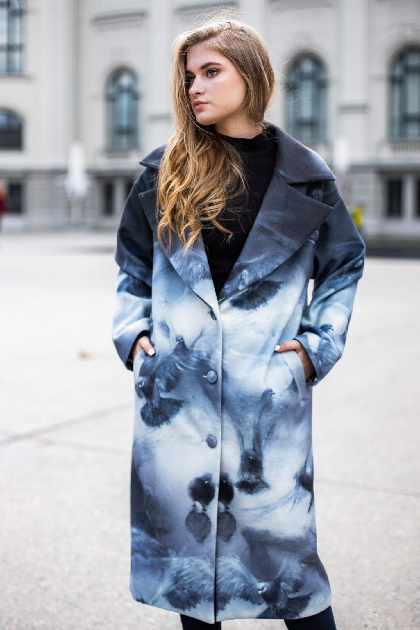 Oversize classic coat with painted pigeon print
