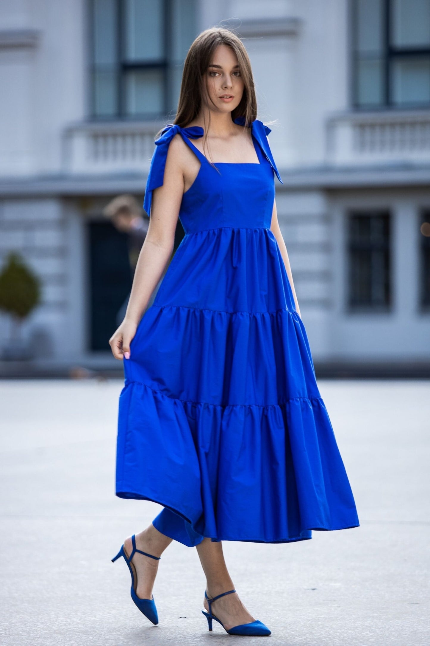 Blue organic cotton dress with bows