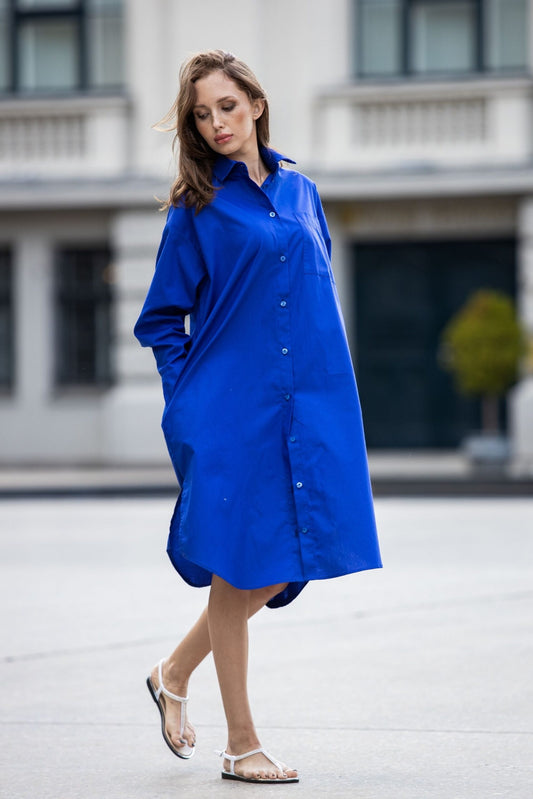 Organic cotton oversize shirt dress in blue color