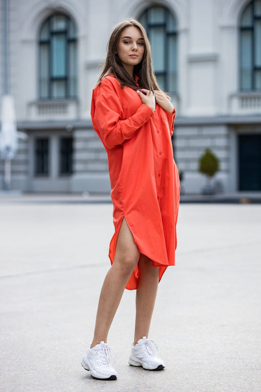 Organic cotton oversize dress in coral color