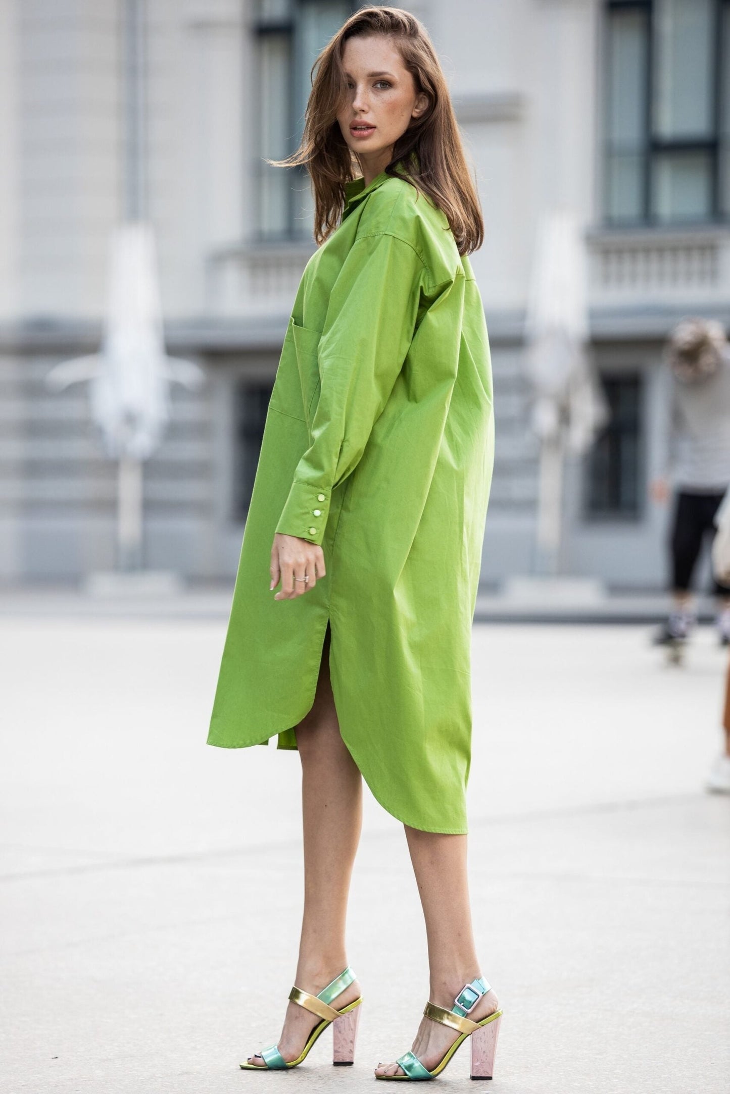 Organic cotton oversize shirt dress in light green color